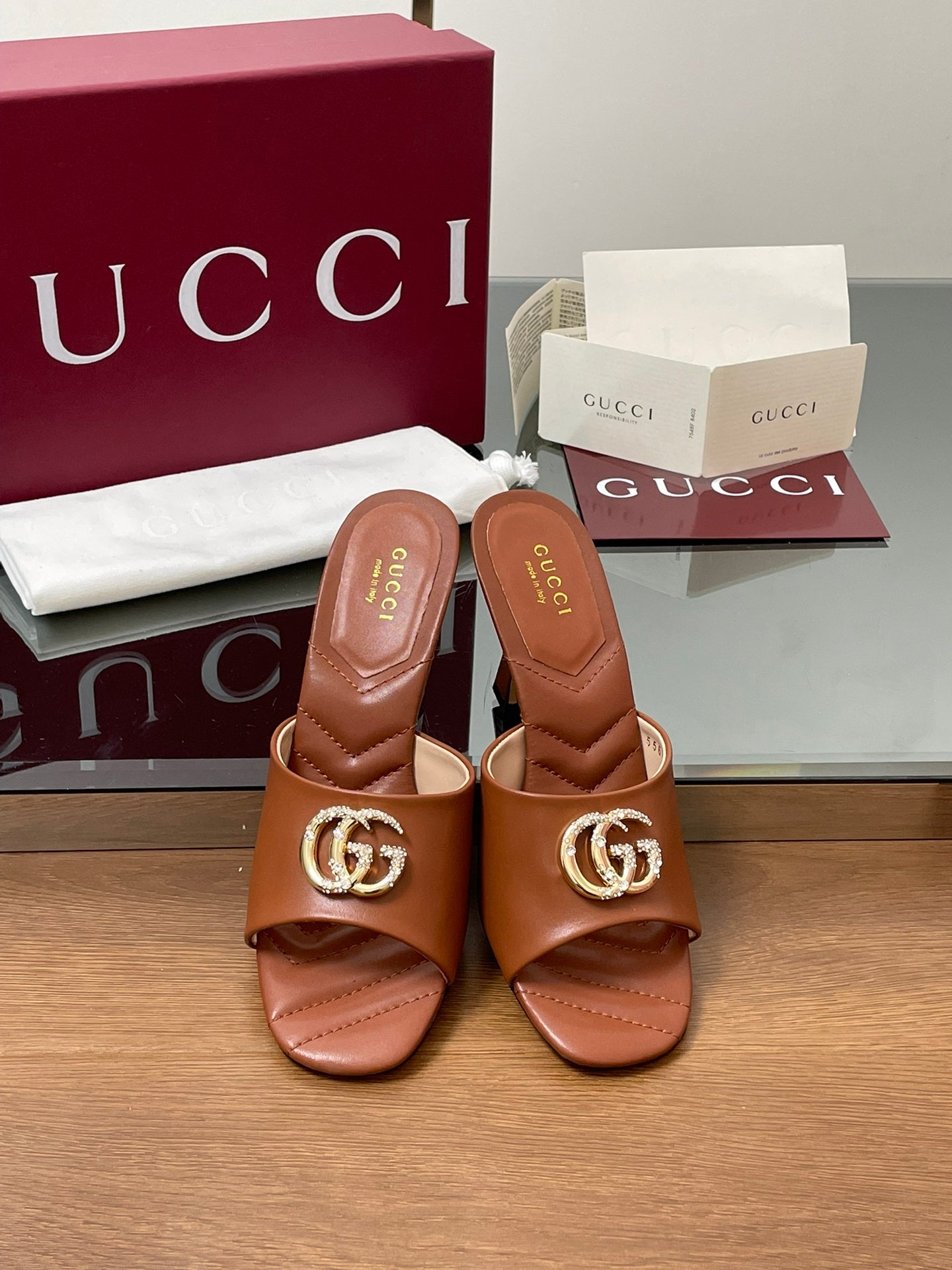 GG Canvas Mid-Heel Mules 7.5cm Tan Brown Sheepskin 646480