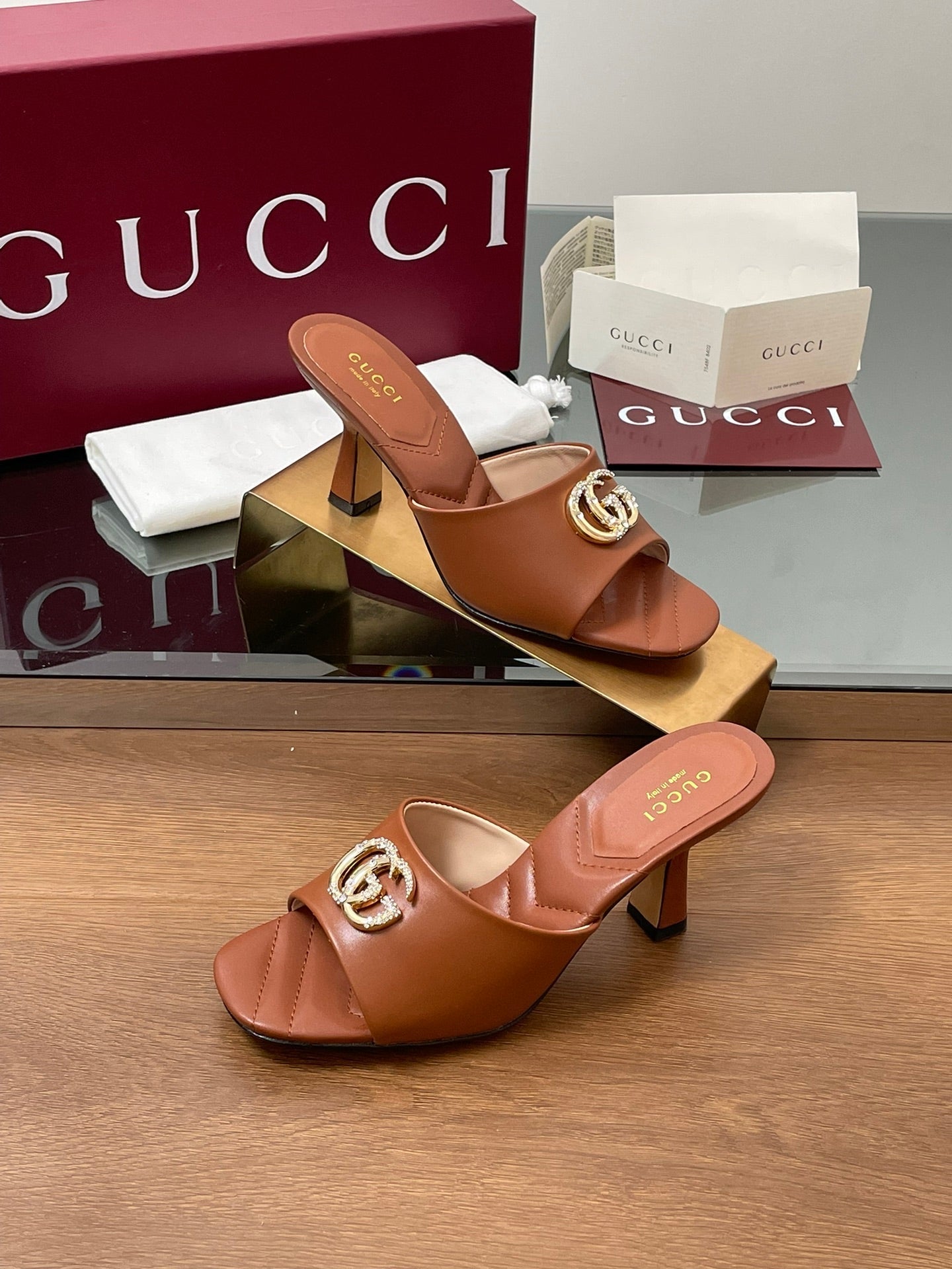 GG Canvas Mid-Heel Mules 7.5cm Tan Brown Sheepskin 646480