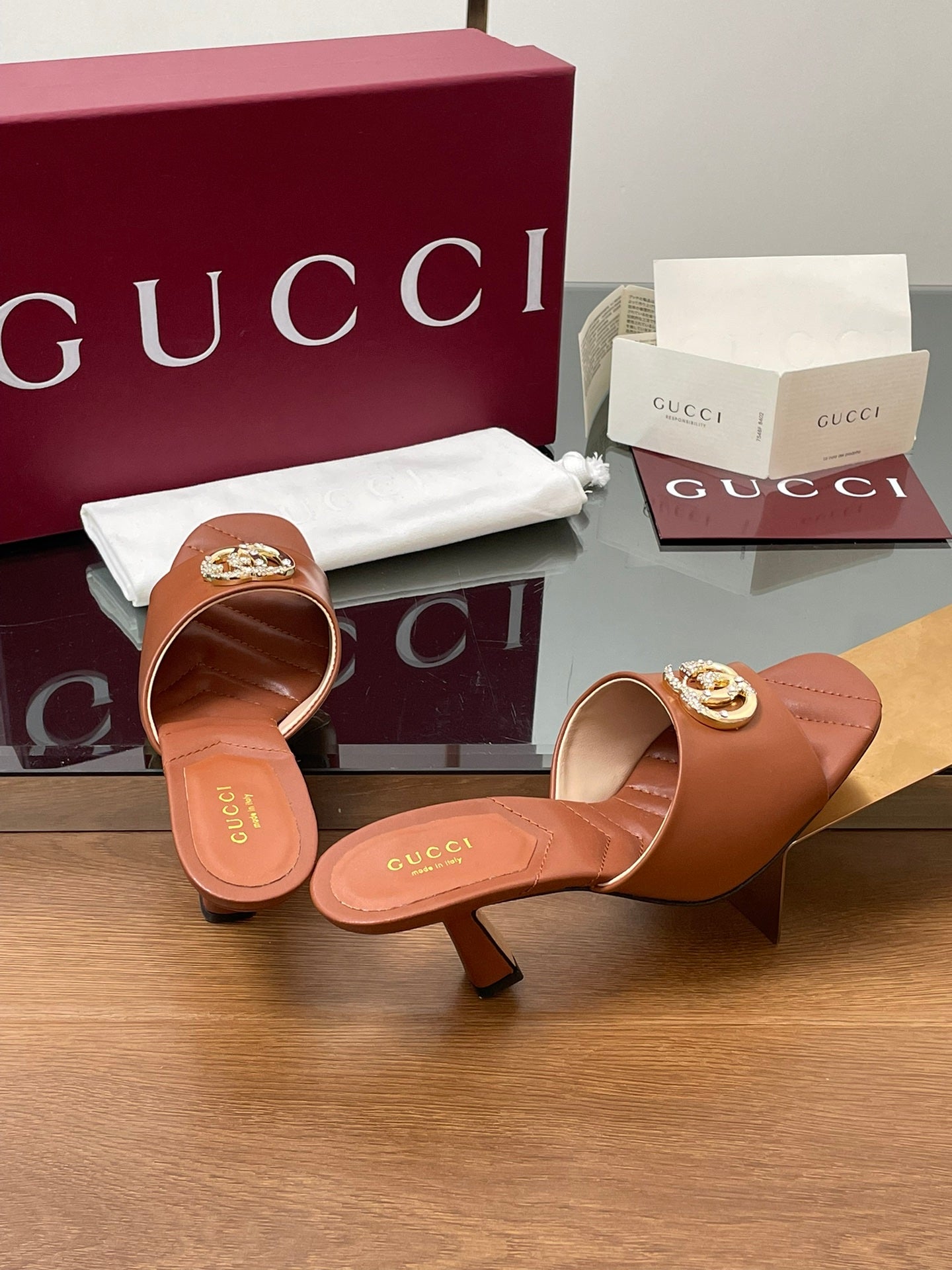 GG Canvas Mid-Heel Mules 7.5cm Tan Brown Sheepskin 646480