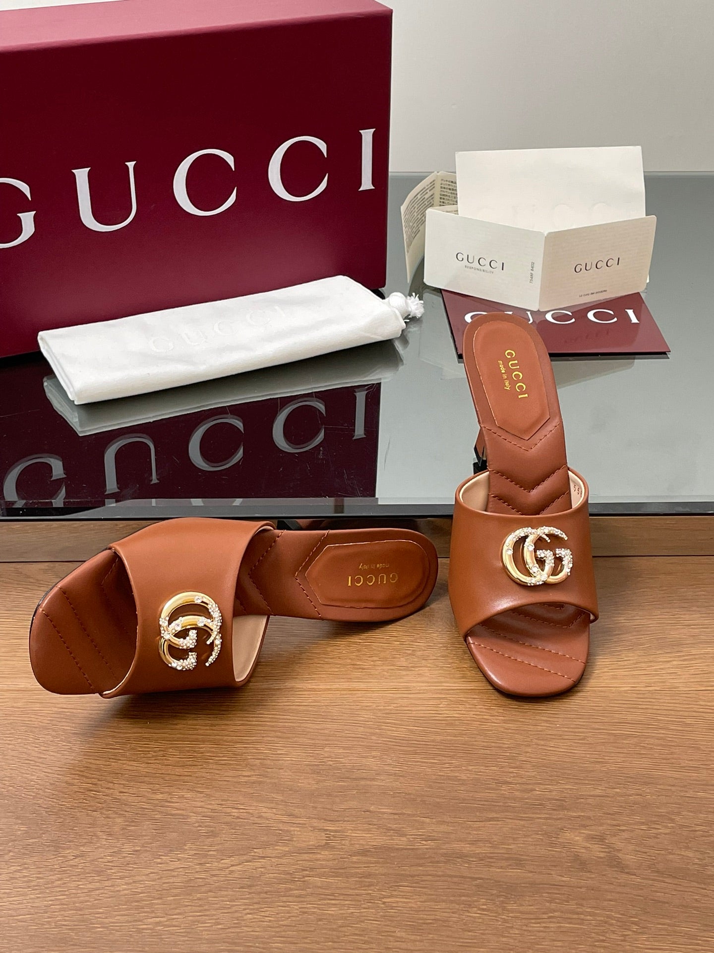 GG Canvas Mid-Heel Mules 7.5cm Tan Brown Sheepskin 646480