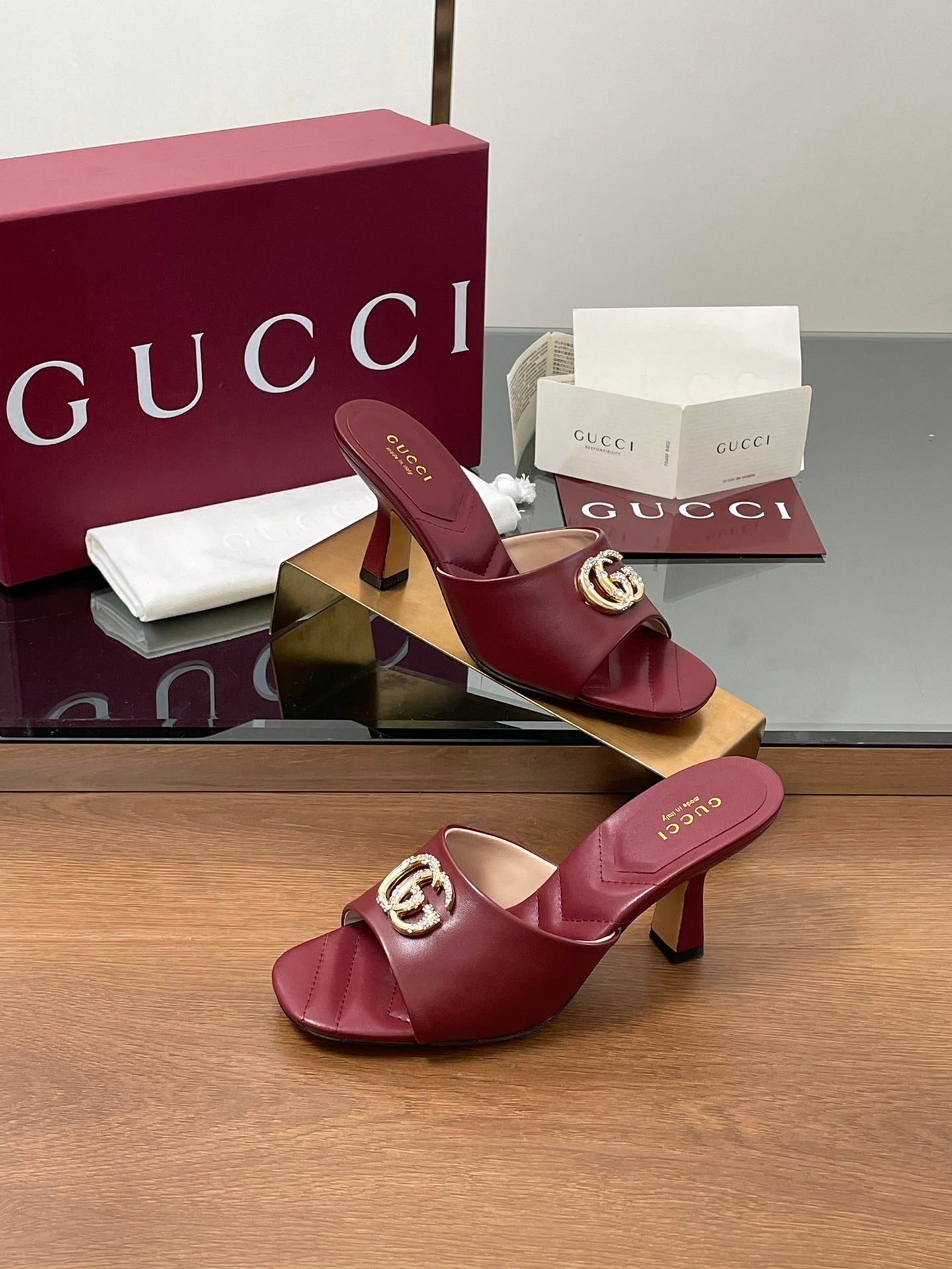 GG Canvas Mid-Heel Mules 7.5cm Burgundy Sheepskin 646482