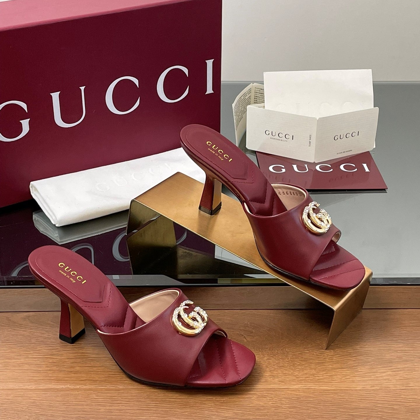 GG Canvas Mid-Heel Mules 7.5cm Burgundy Sheepskin 646482