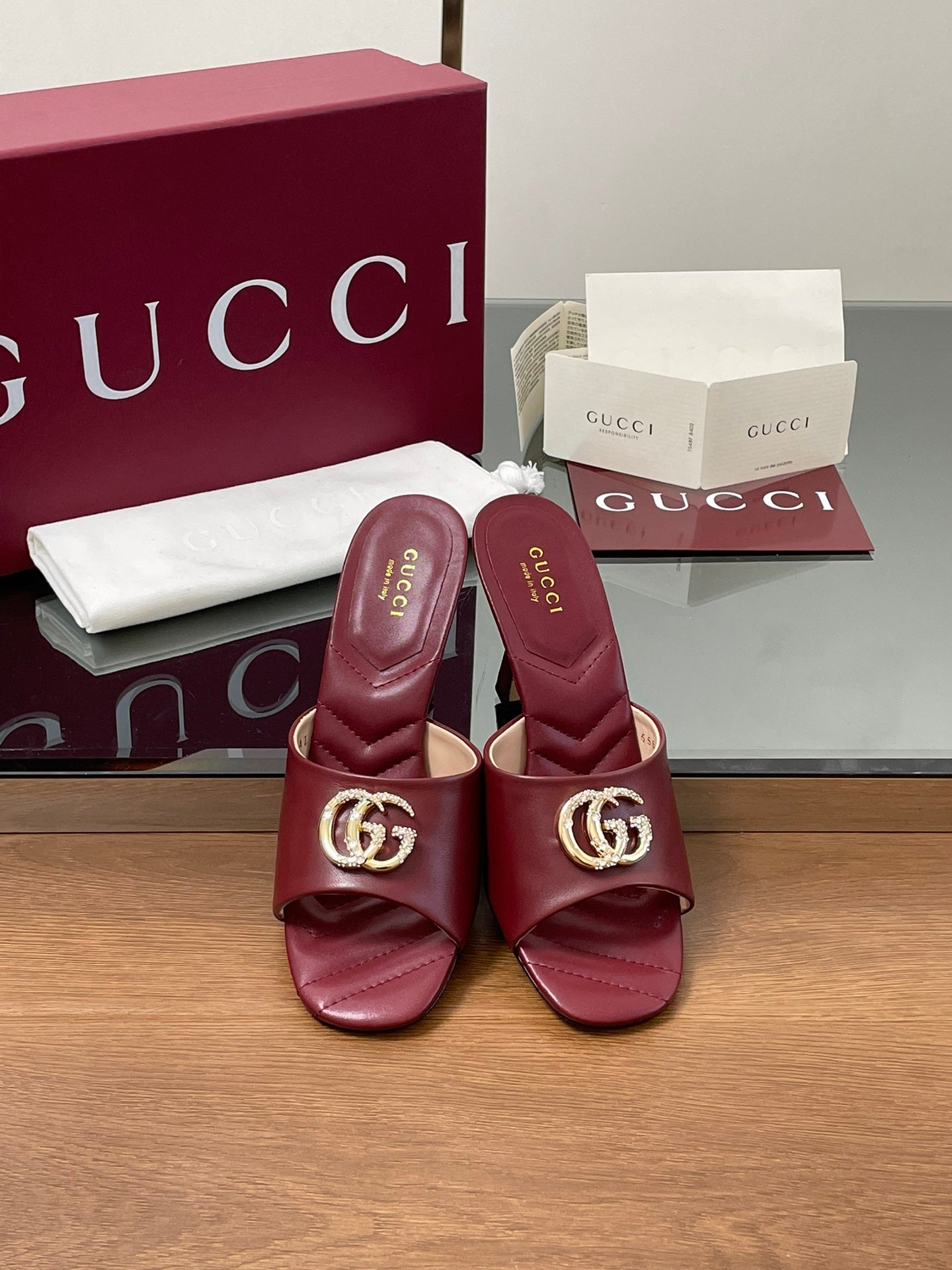 GG Canvas Mid-Heel Mules 7.5cm Burgundy Sheepskin 646482
