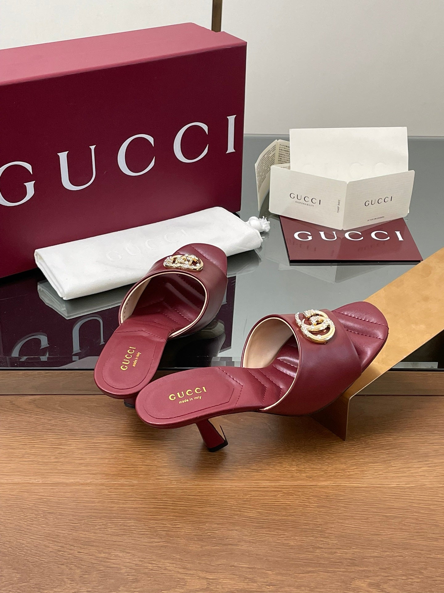 GG Canvas Mid-Heel Mules 7.5cm Burgundy Sheepskin 646482