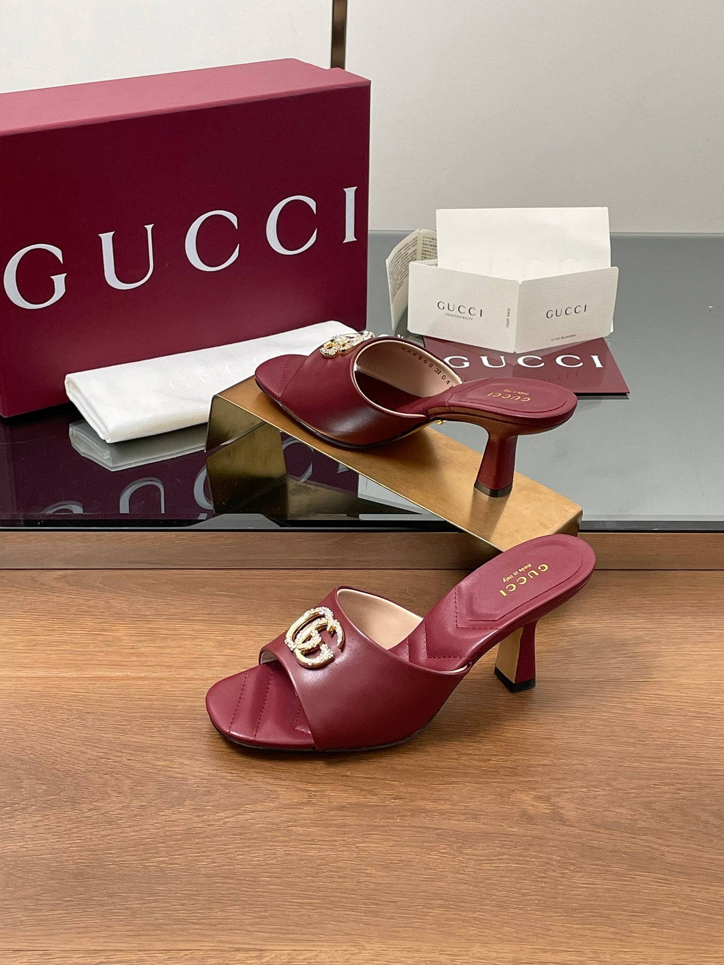GG Canvas Mid-Heel Mules 7.5cm Burgundy Sheepskin 646482
