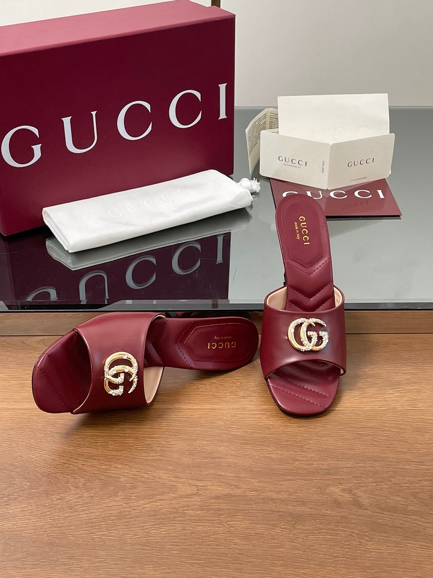 GG Canvas Mid-Heel Mules 7.5cm Burgundy Sheepskin 646482