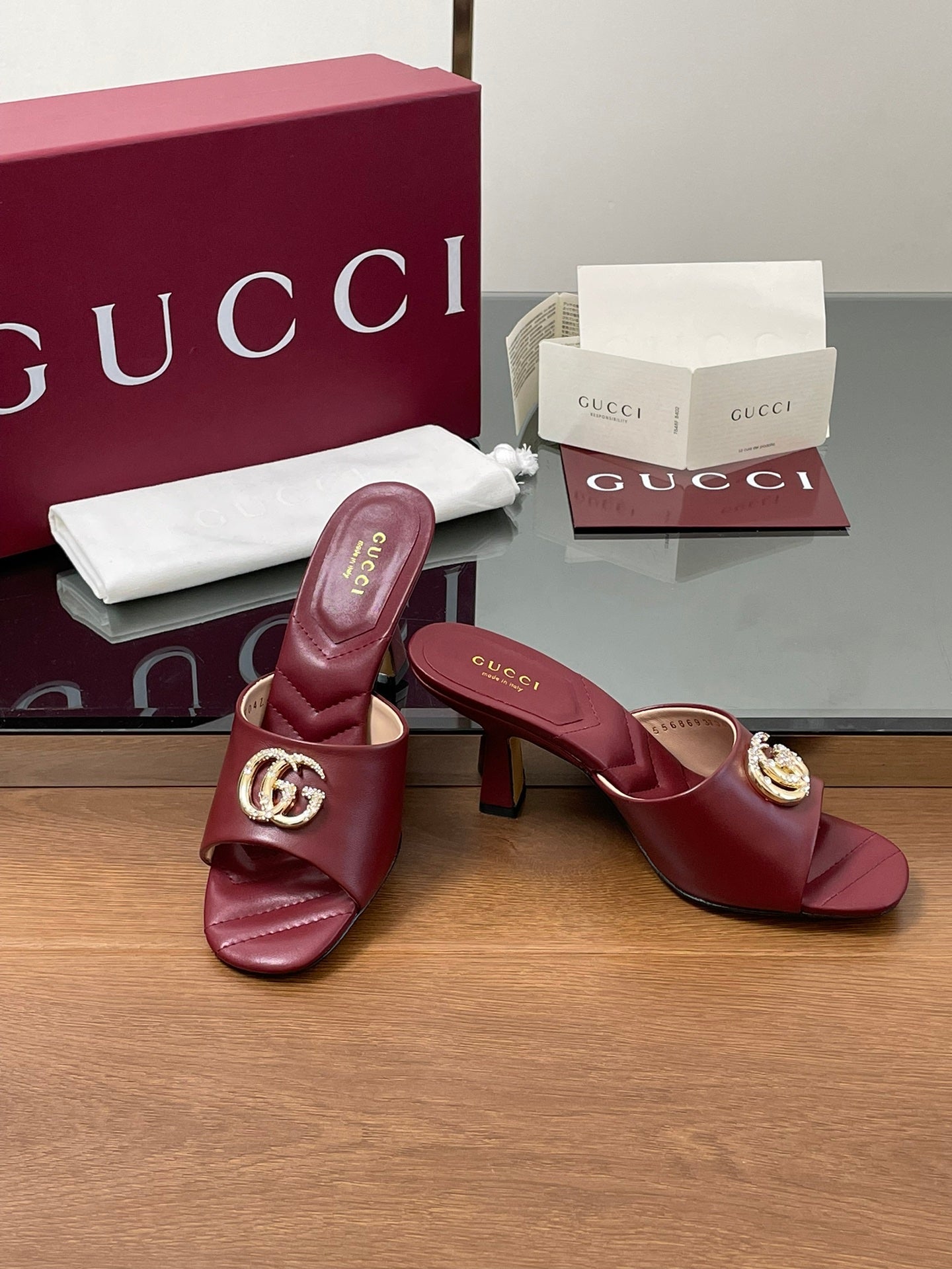 GG Canvas Mid-Heel Mules 7.5cm Burgundy Sheepskin 646482