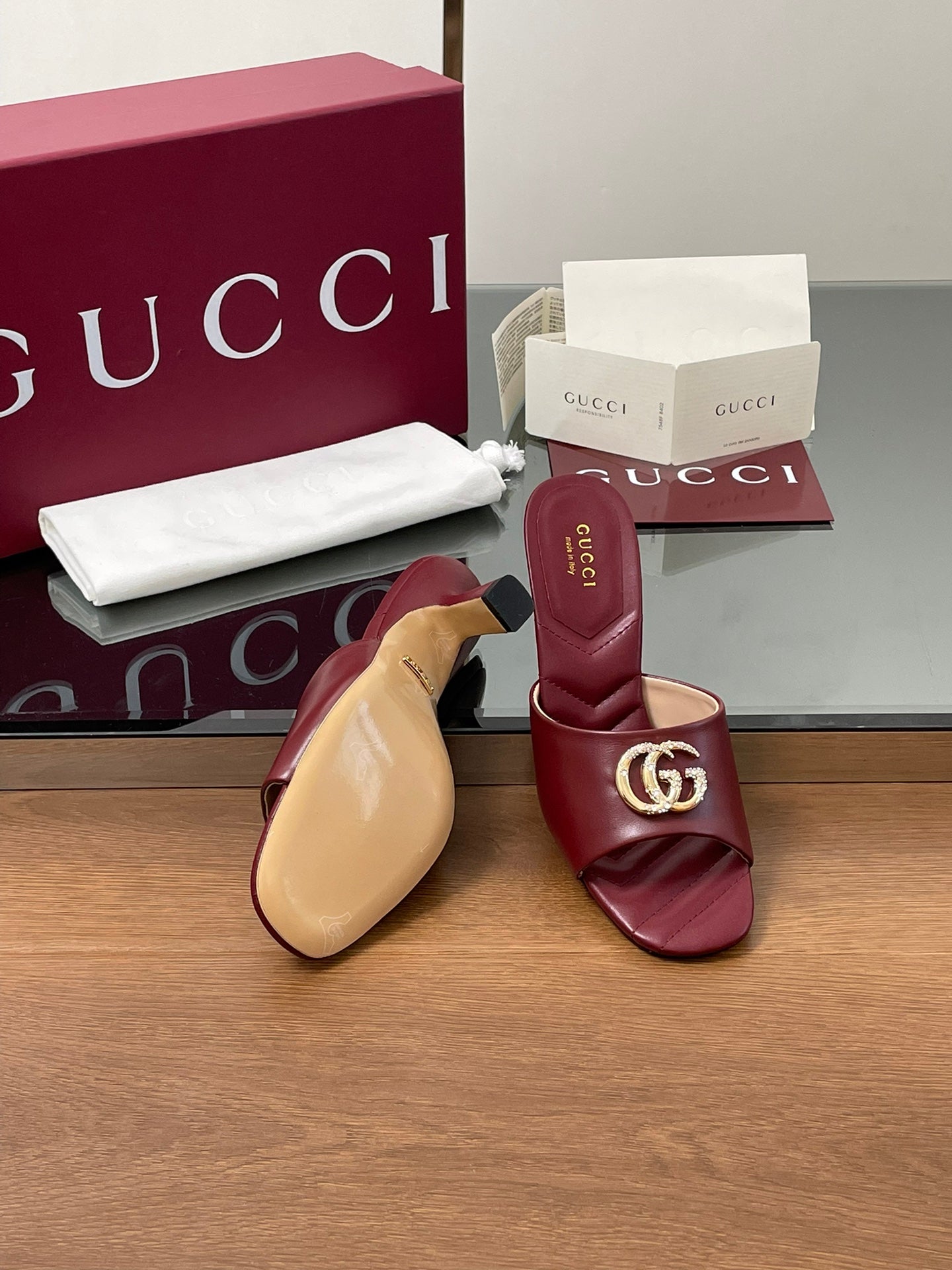 GG Canvas Mid-Heel Mules 7.5cm Burgundy Sheepskin 646482