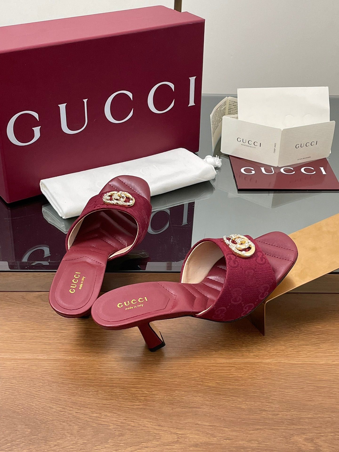 GG Canvas Mid-Heel Mules 7.5cm Burgundy Canvas Sheepskin 646483