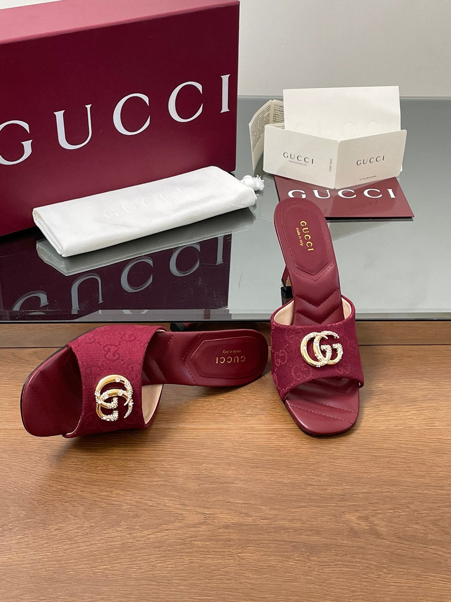 GG Canvas Mid-Heel Mules 7.5cm Burgundy Canvas Sheepskin 646483