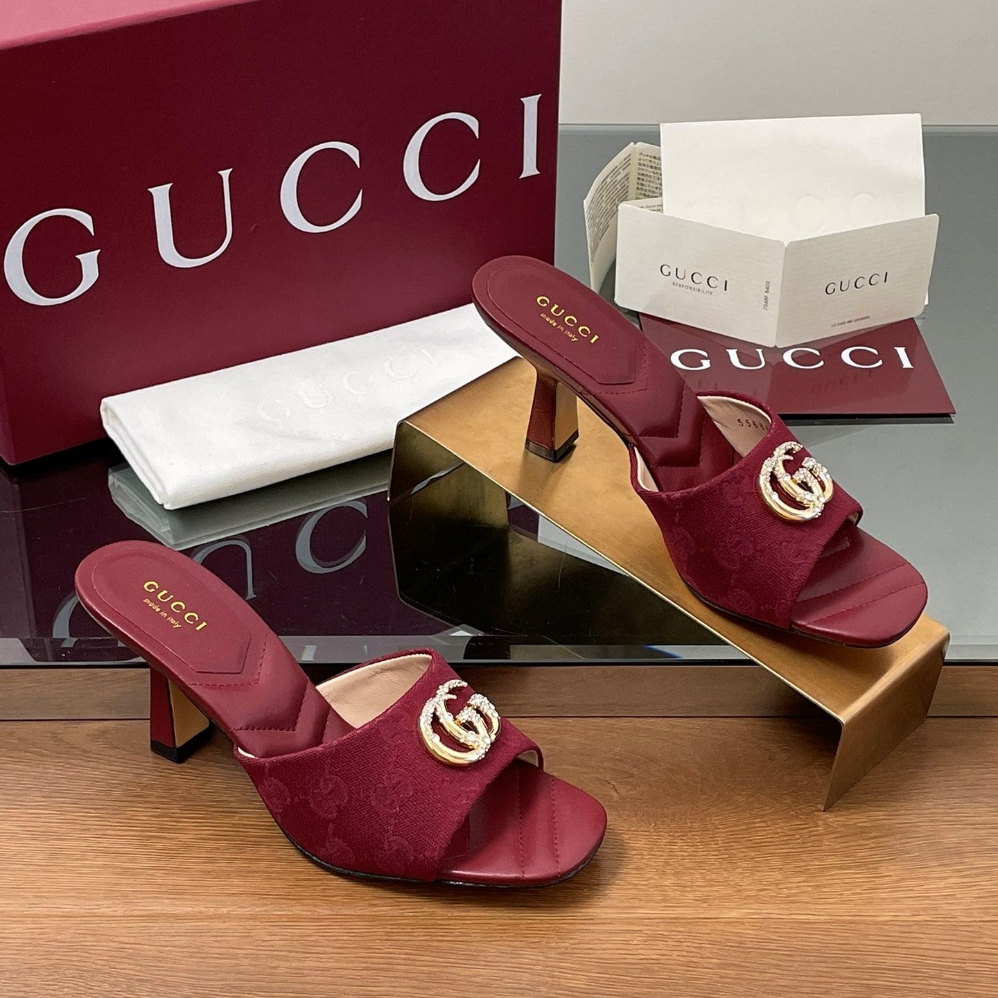 GG Canvas Mid-Heel Mules 7.5cm Burgundy Canvas Sheepskin 646483