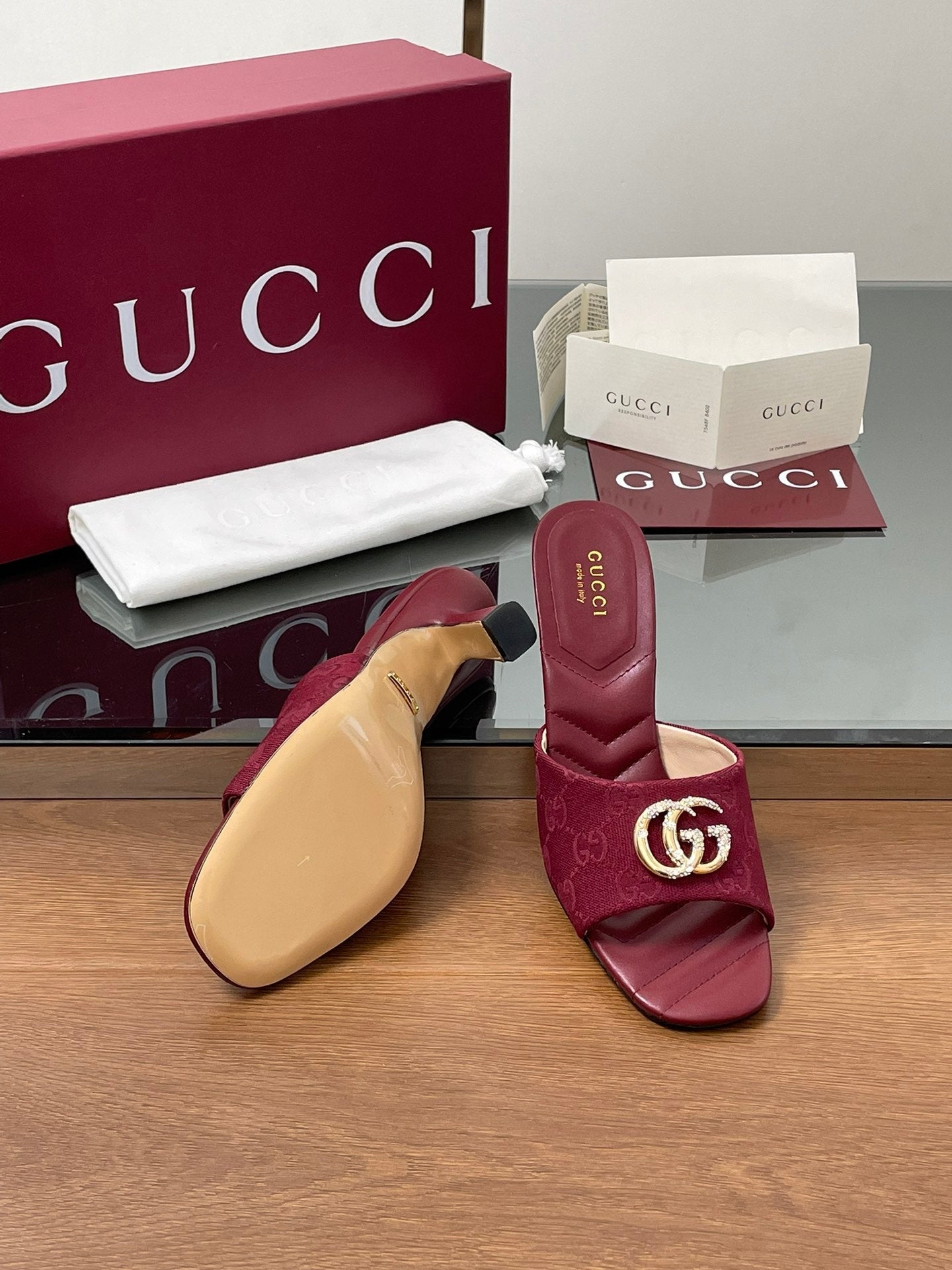 GG Canvas Mid-Heel Mules 7.5cm Burgundy Canvas Sheepskin 646483