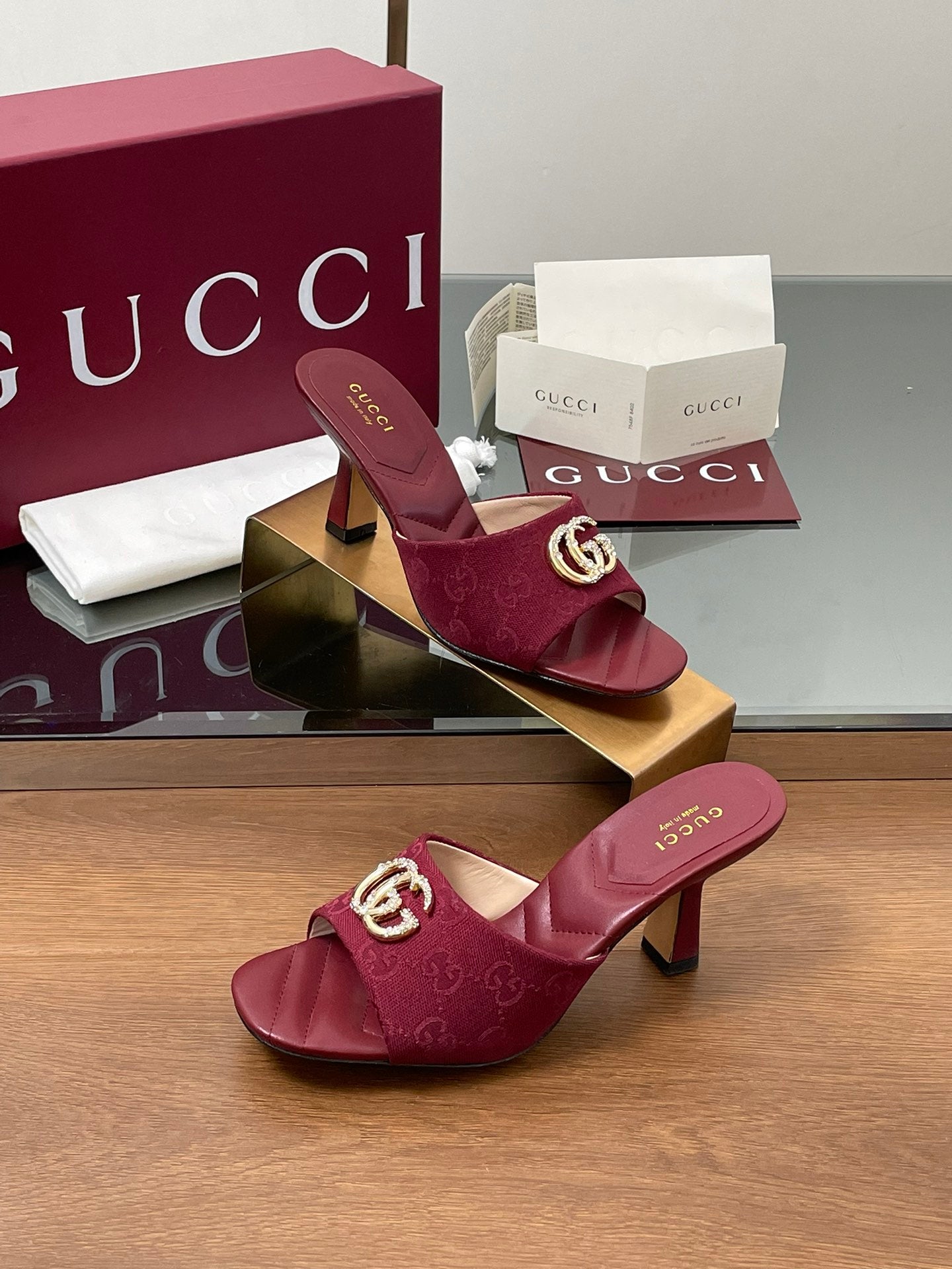 GG Canvas Mid-Heel Mules 7.5cm Burgundy Canvas Sheepskin 646483