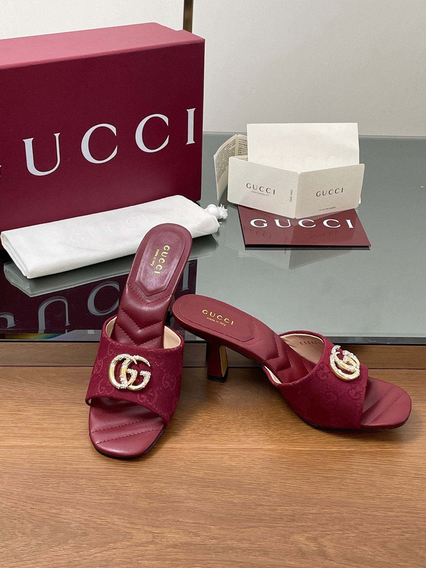 GG Canvas Mid-Heel Mules 7.5cm Burgundy Canvas Sheepskin 646483