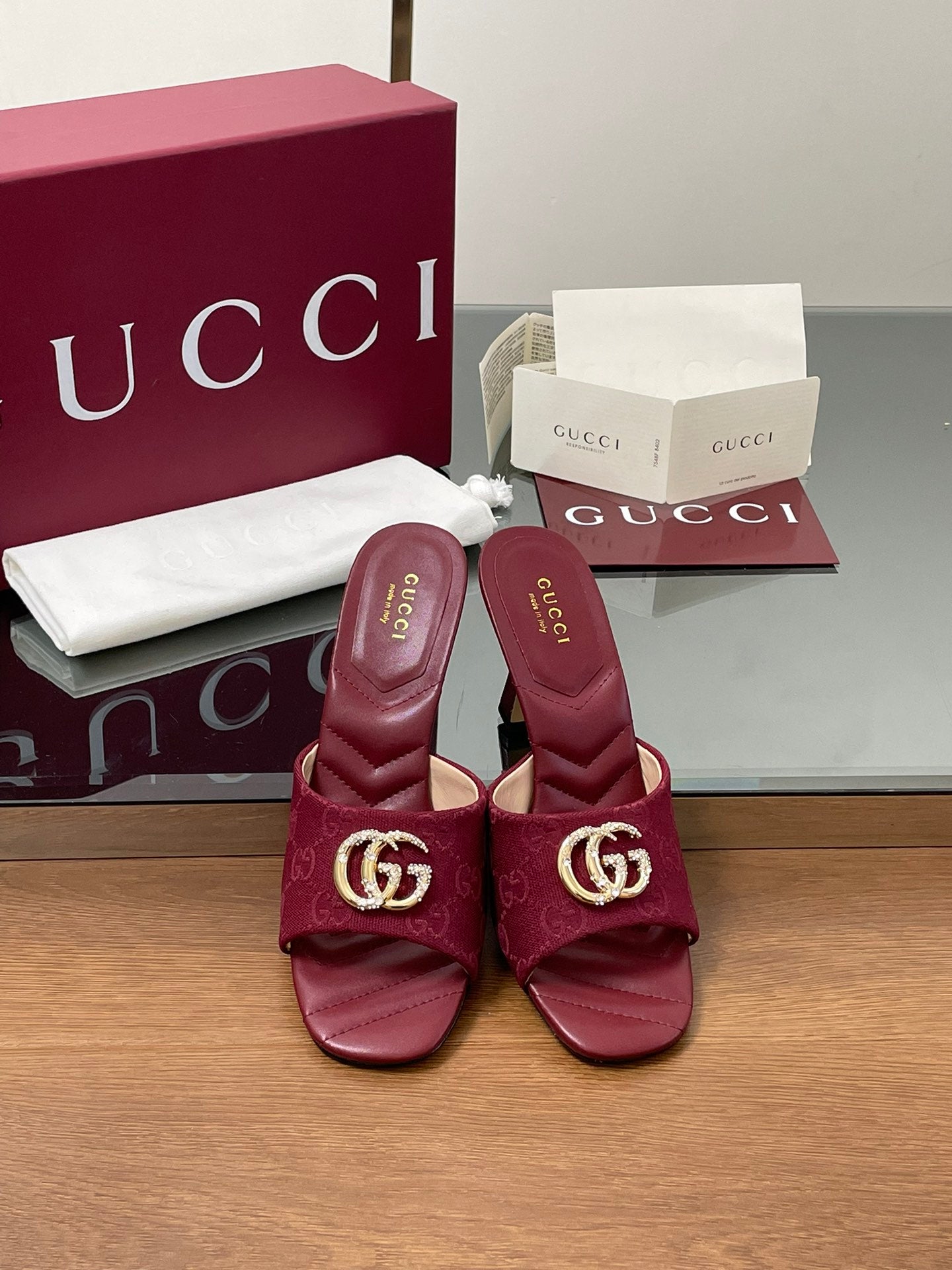 GG Canvas Mid-Heel Mules 7.5cm Burgundy Canvas Sheepskin 646483