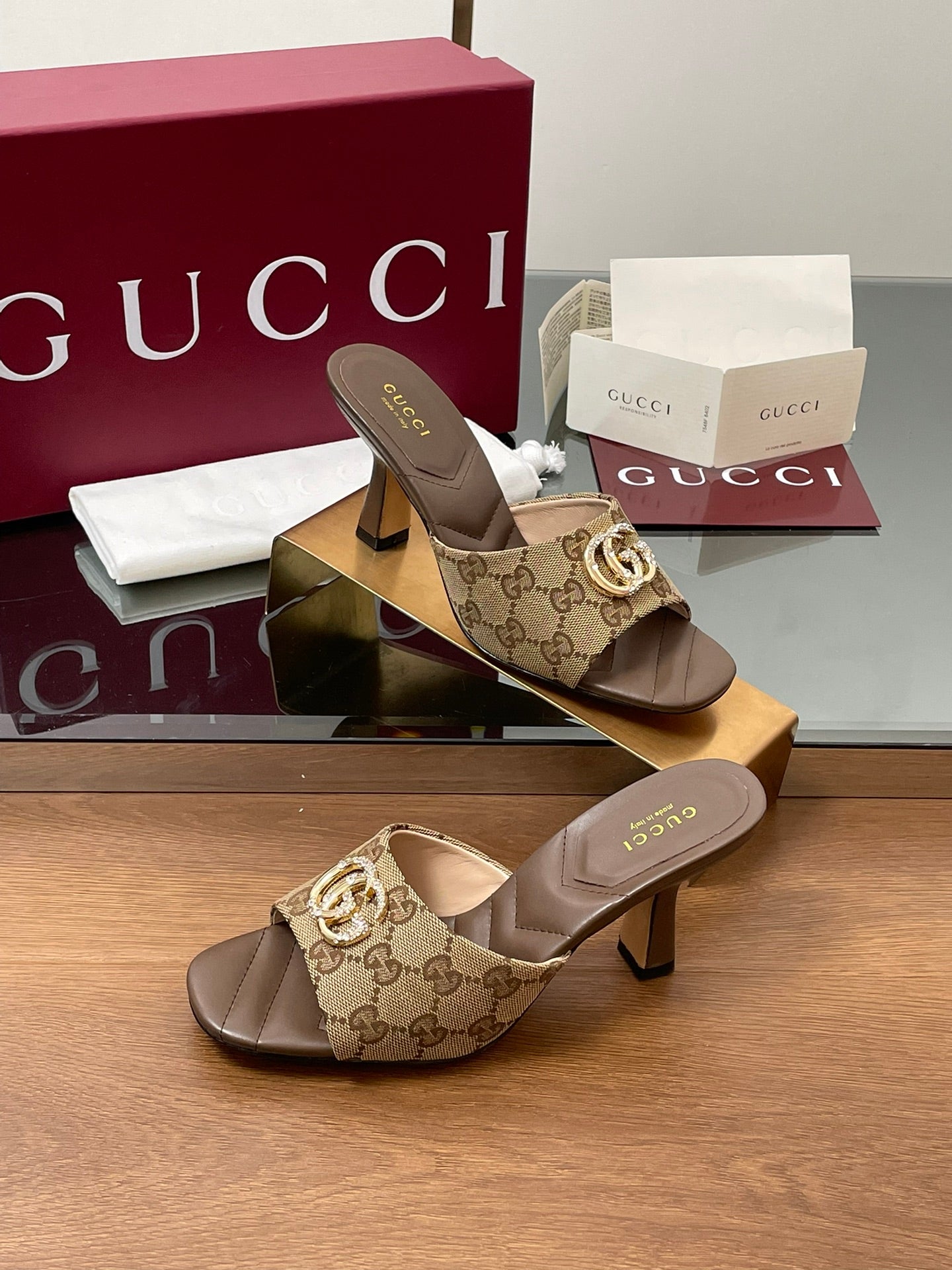 GG Canvas Mid-Heel Mules 7.5cm Dark Brown Canvas Sheepskin 646484