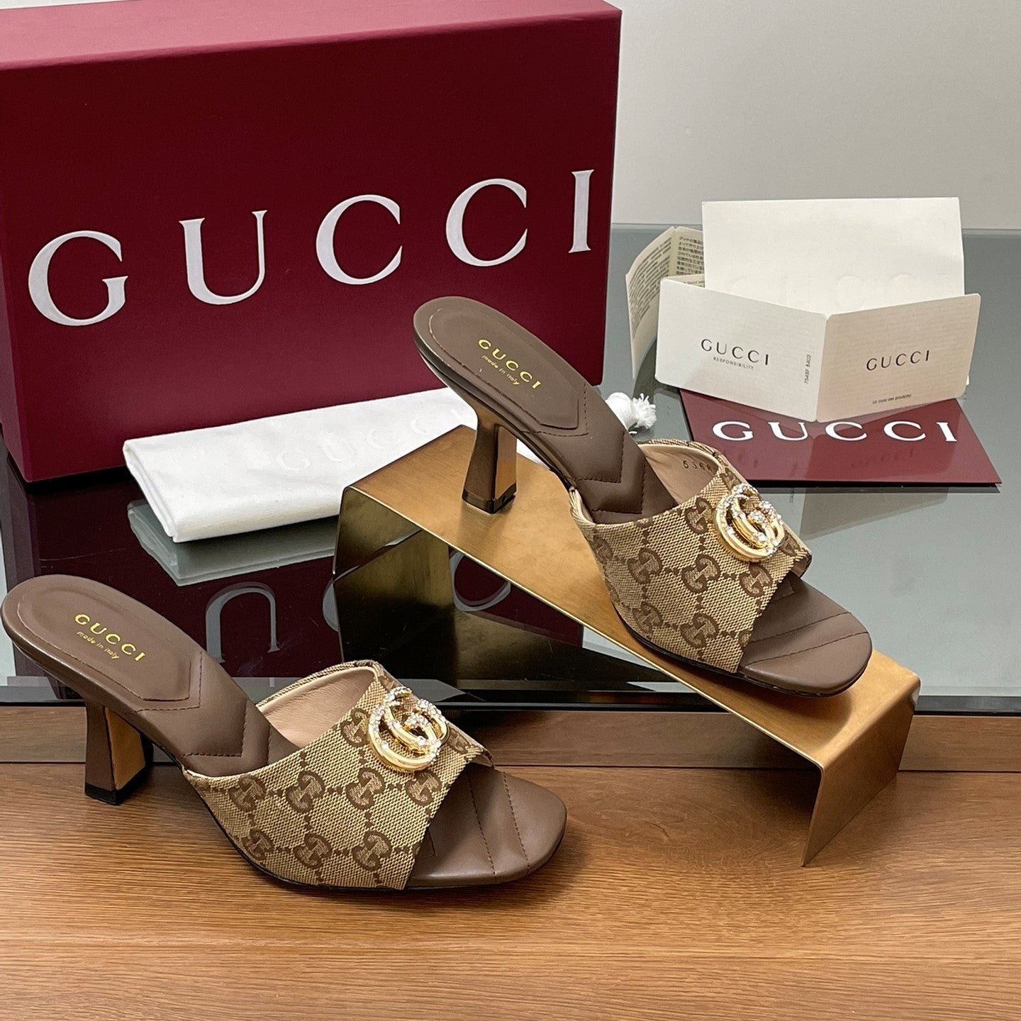 GG Canvas Mid-Heel Mules 7.5cm Dark Brown Canvas Sheepskin 646484