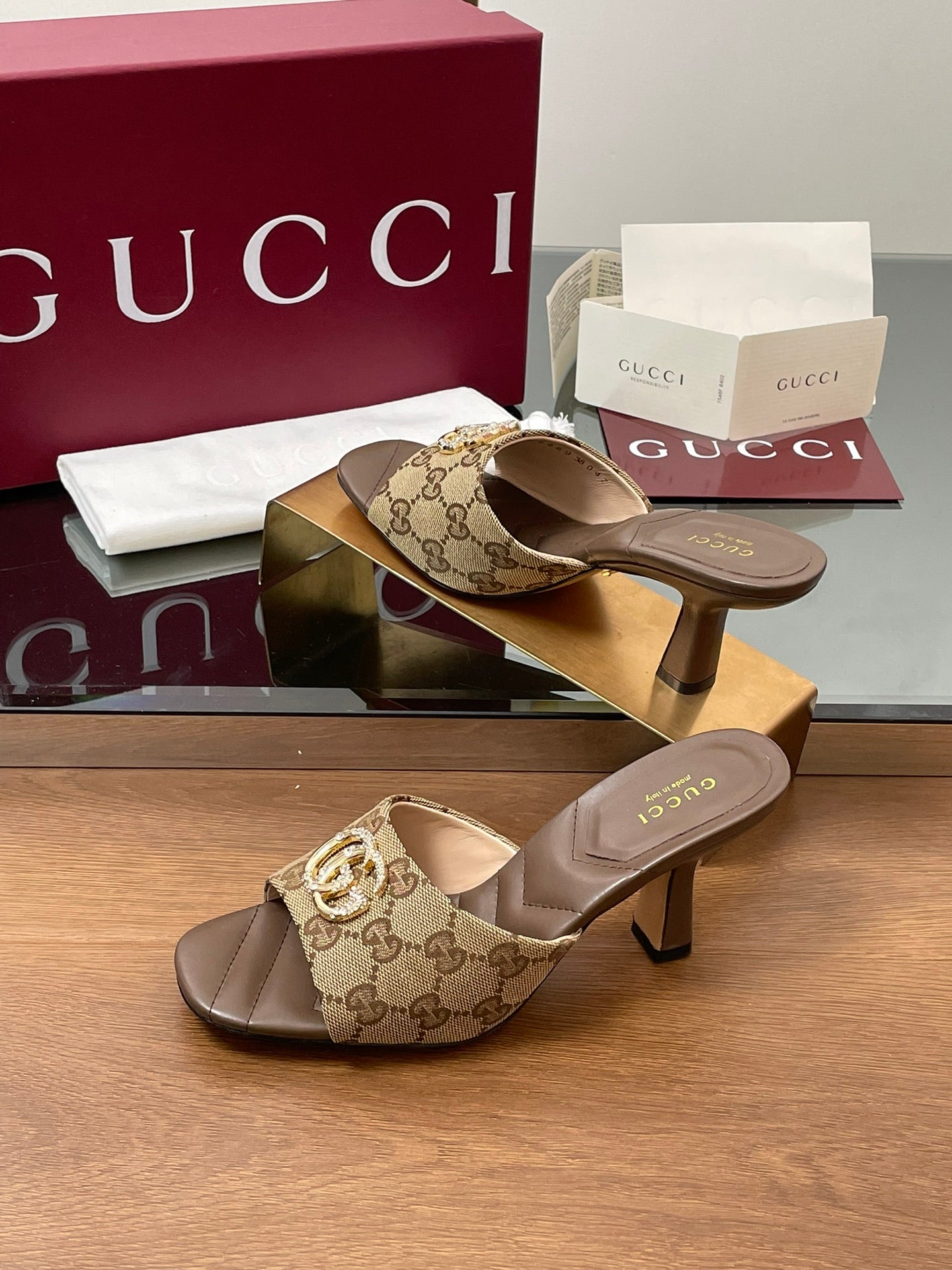 GG Canvas Mid-Heel Mules 7.5cm Dark Brown Canvas Sheepskin 646484