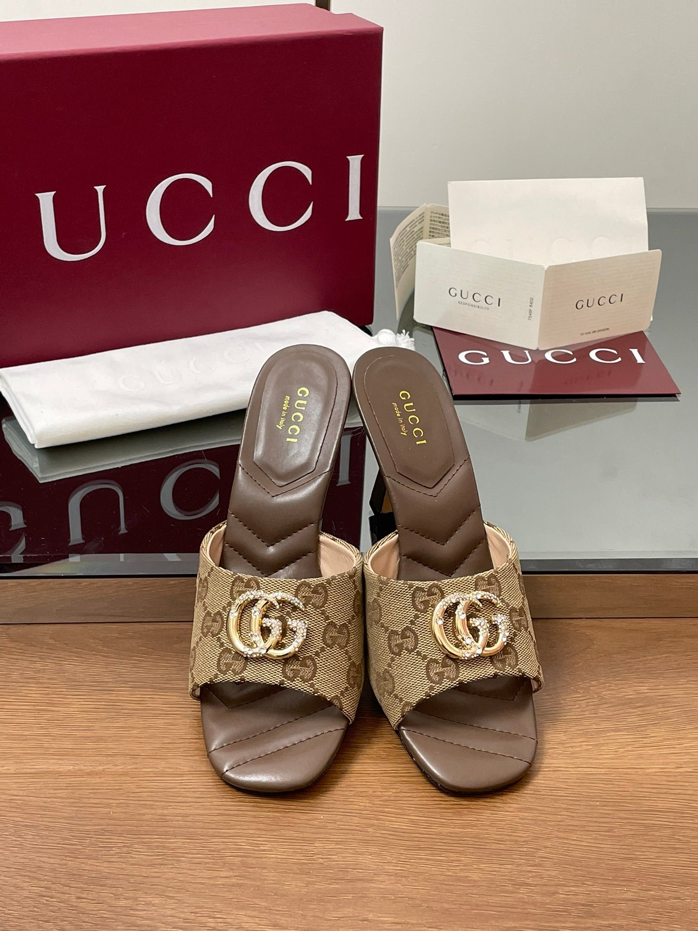 GG Canvas Mid-Heel Mules 7.5cm Dark Brown Canvas Sheepskin 646484