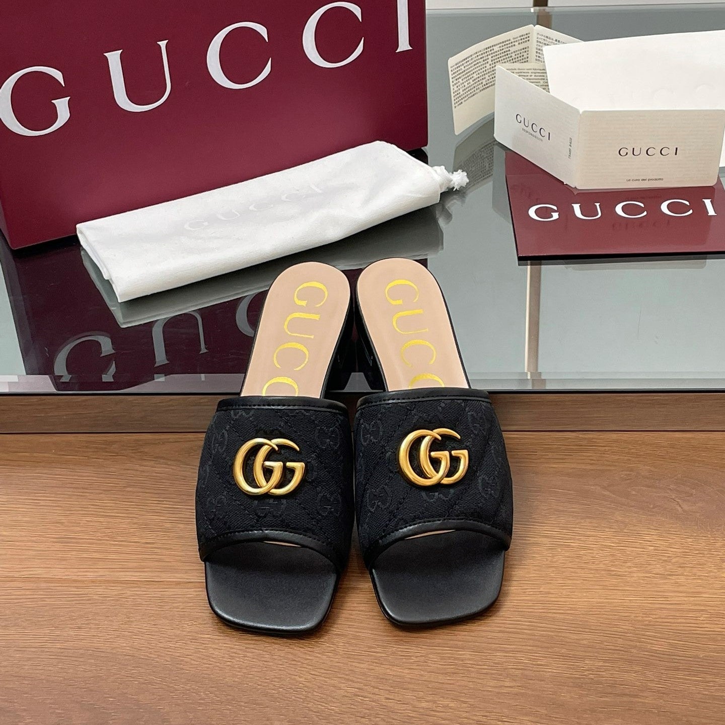 GG Matelasse Slide Sandals Black Canvas Sheepskin 646485