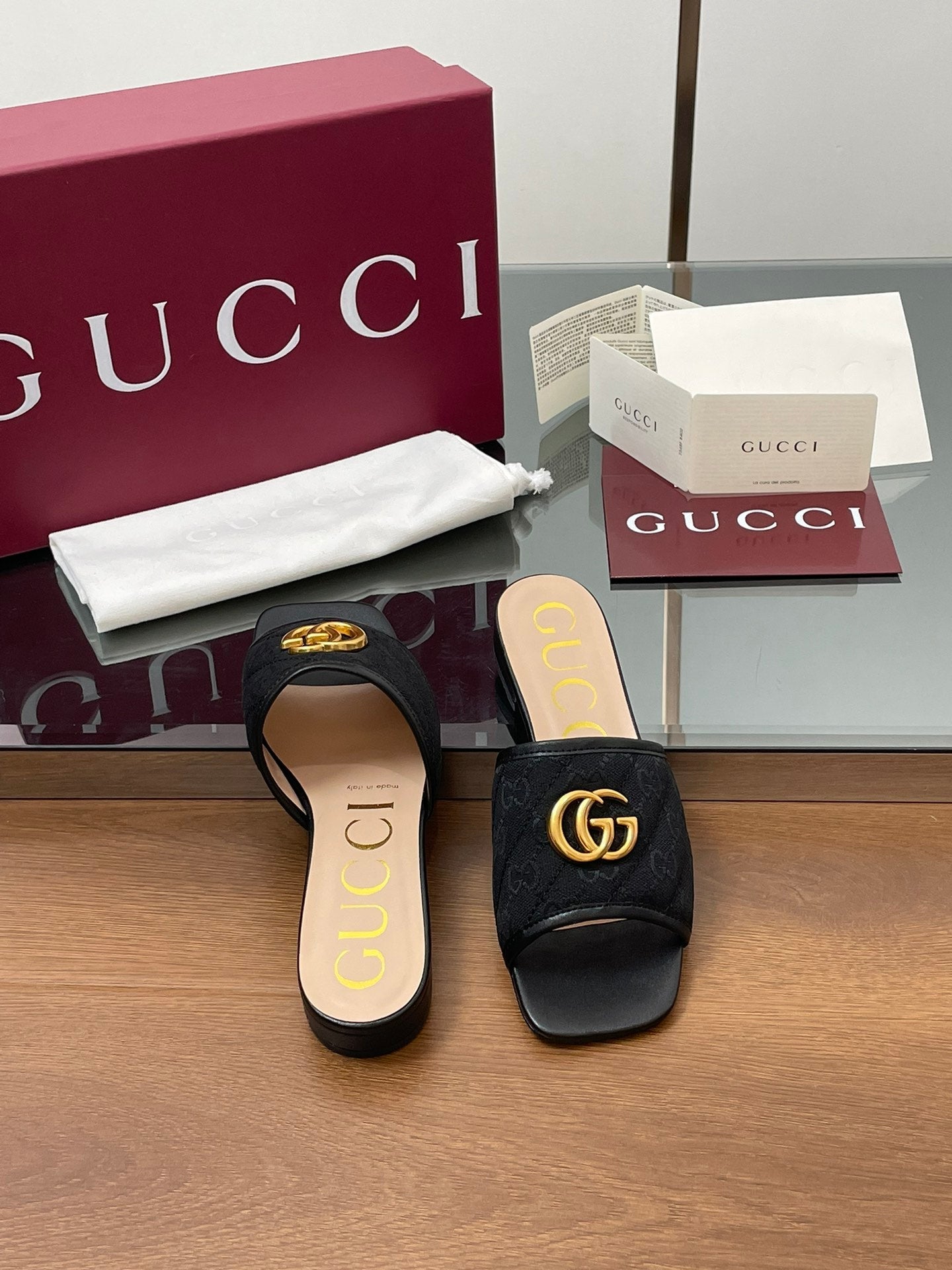 GG Matelasse Slide Sandals Black Canvas Sheepskin 646485