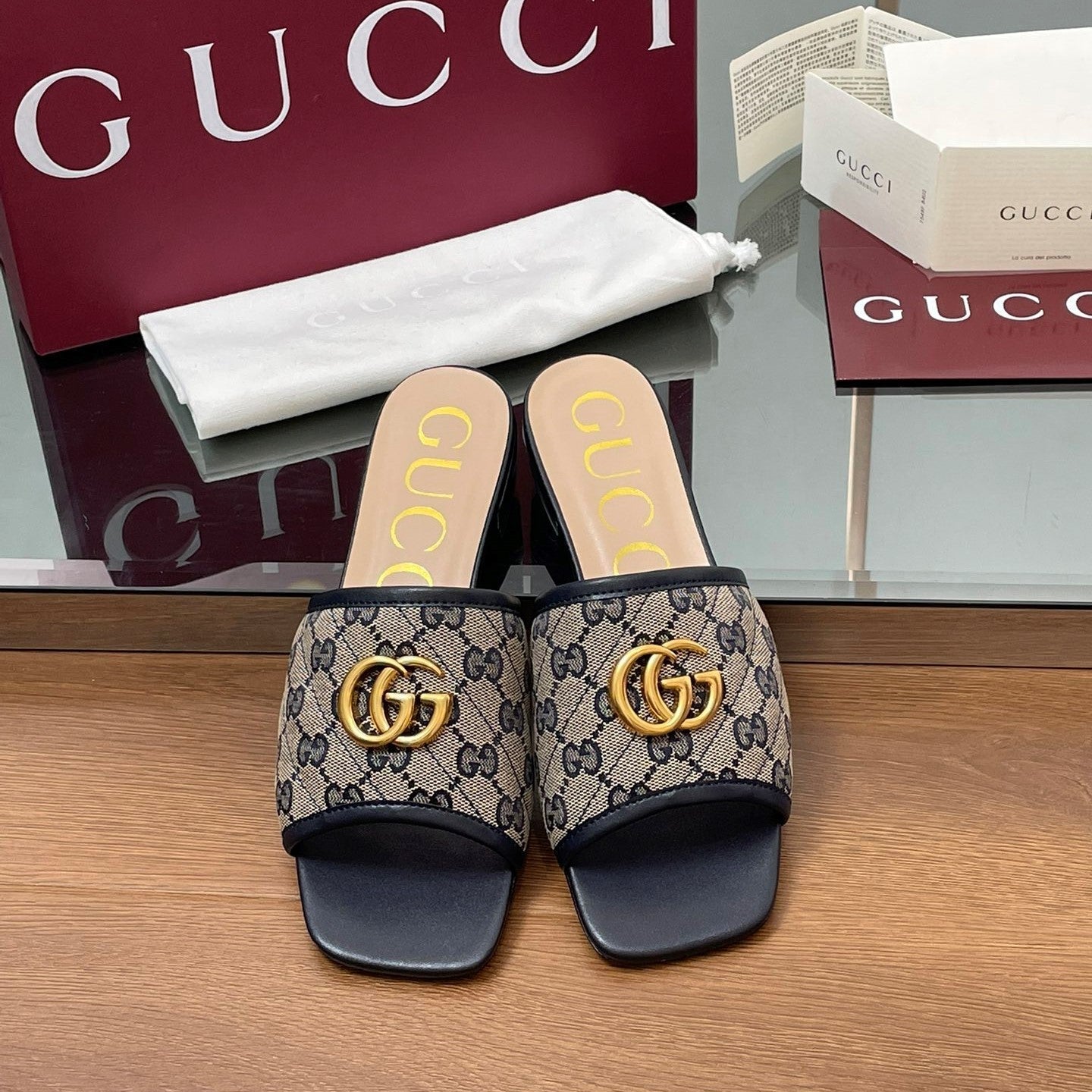 GG Matelasse Slide Sandals Navy Blue Beige Canvas Sheepskin 646486