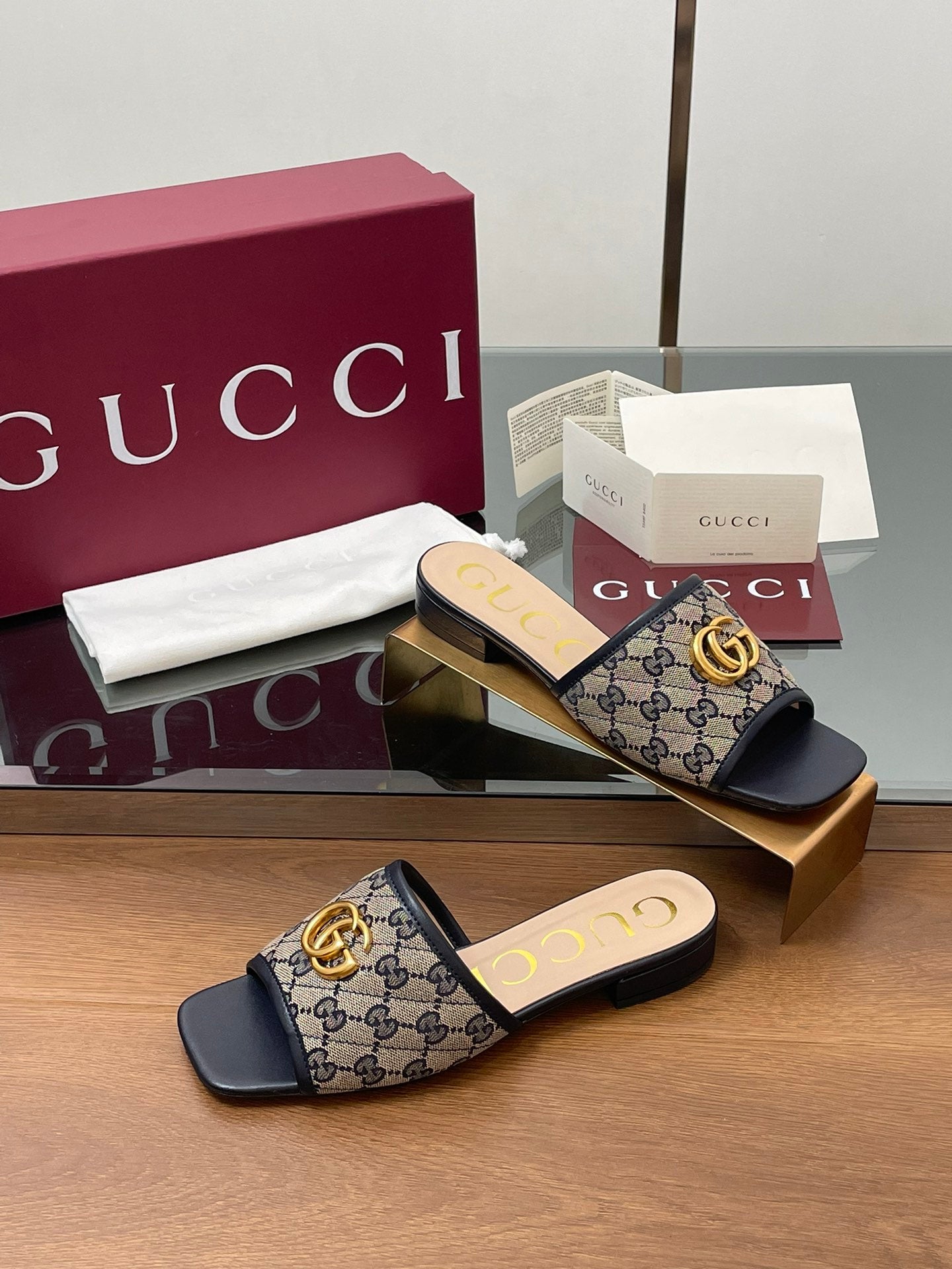GG Matelasse Slide Sandals Navy Blue Beige Canvas Sheepskin 646486