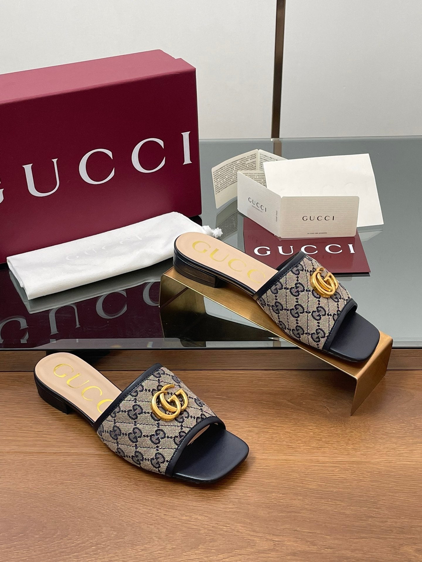 GG Matelasse Slide Sandals Navy Blue Beige Canvas Sheepskin 646486
