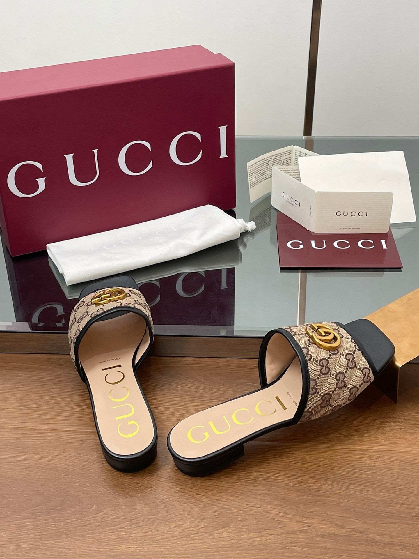 GG Matelasse Slide Sandals Black Beige Canvas Sheepskin 646487
