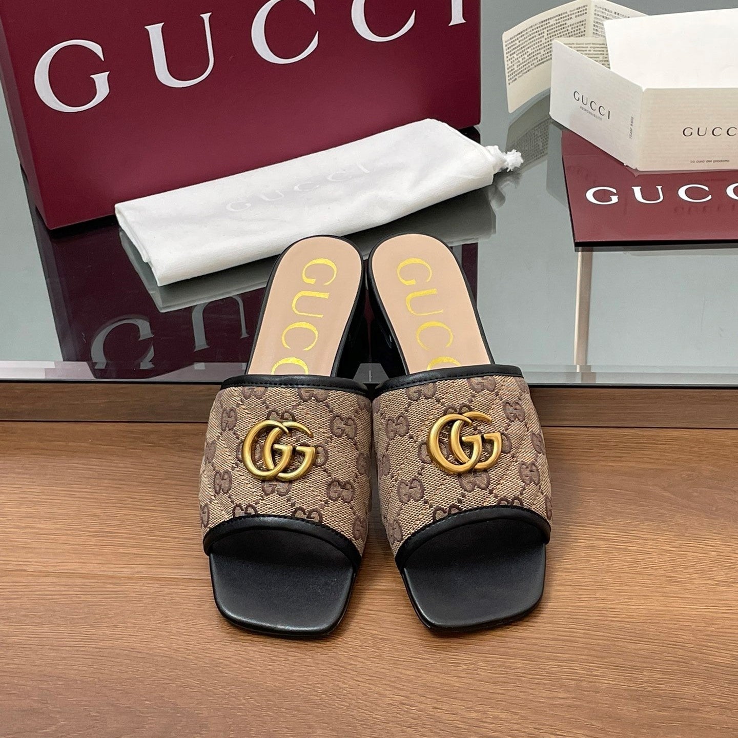 GG Matelasse Slide Sandals Black Beige Canvas Sheepskin 646487