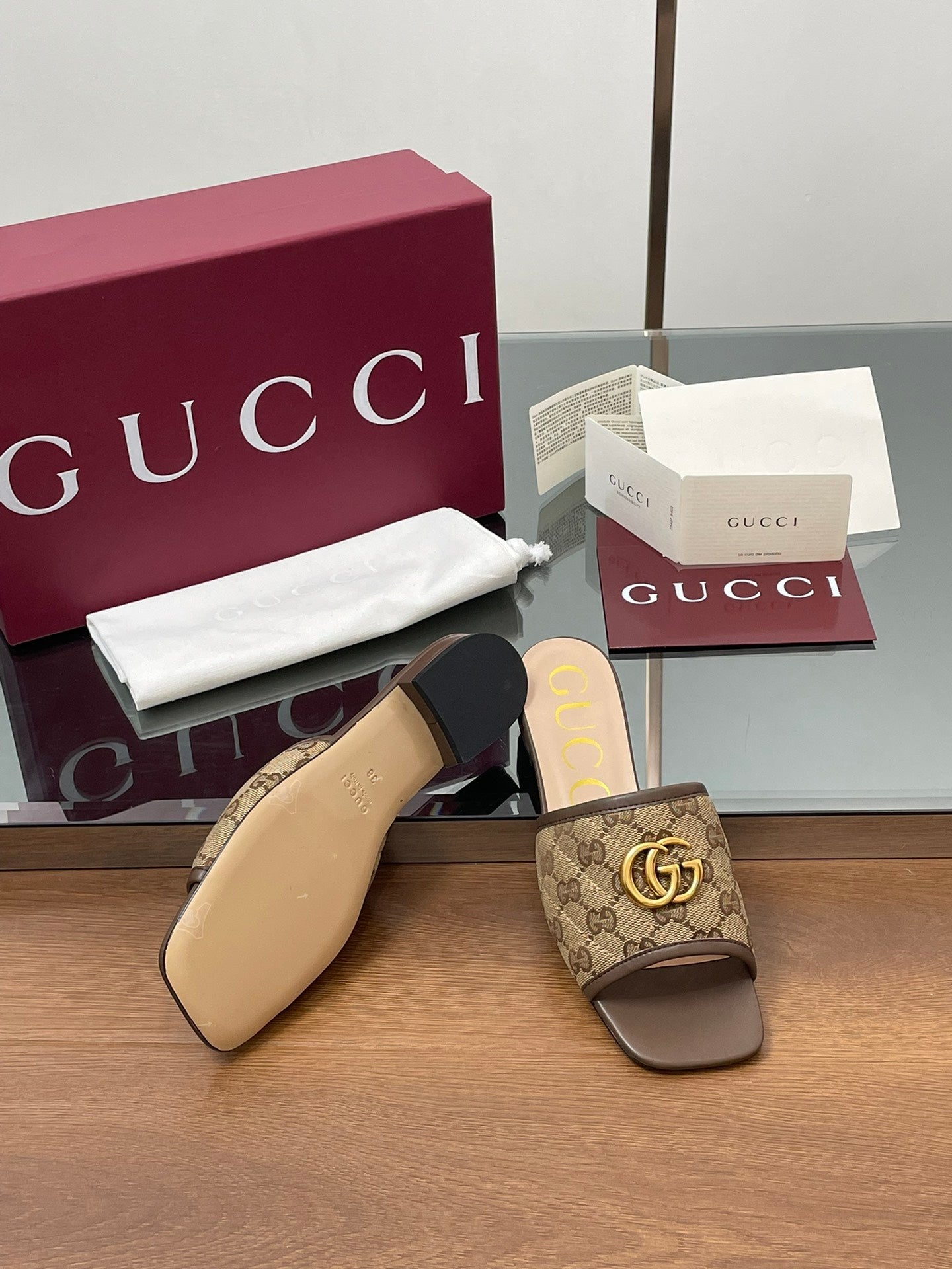 GG Matelasse Slide Sandals Dark Brown Canvas Sheepskin 646488