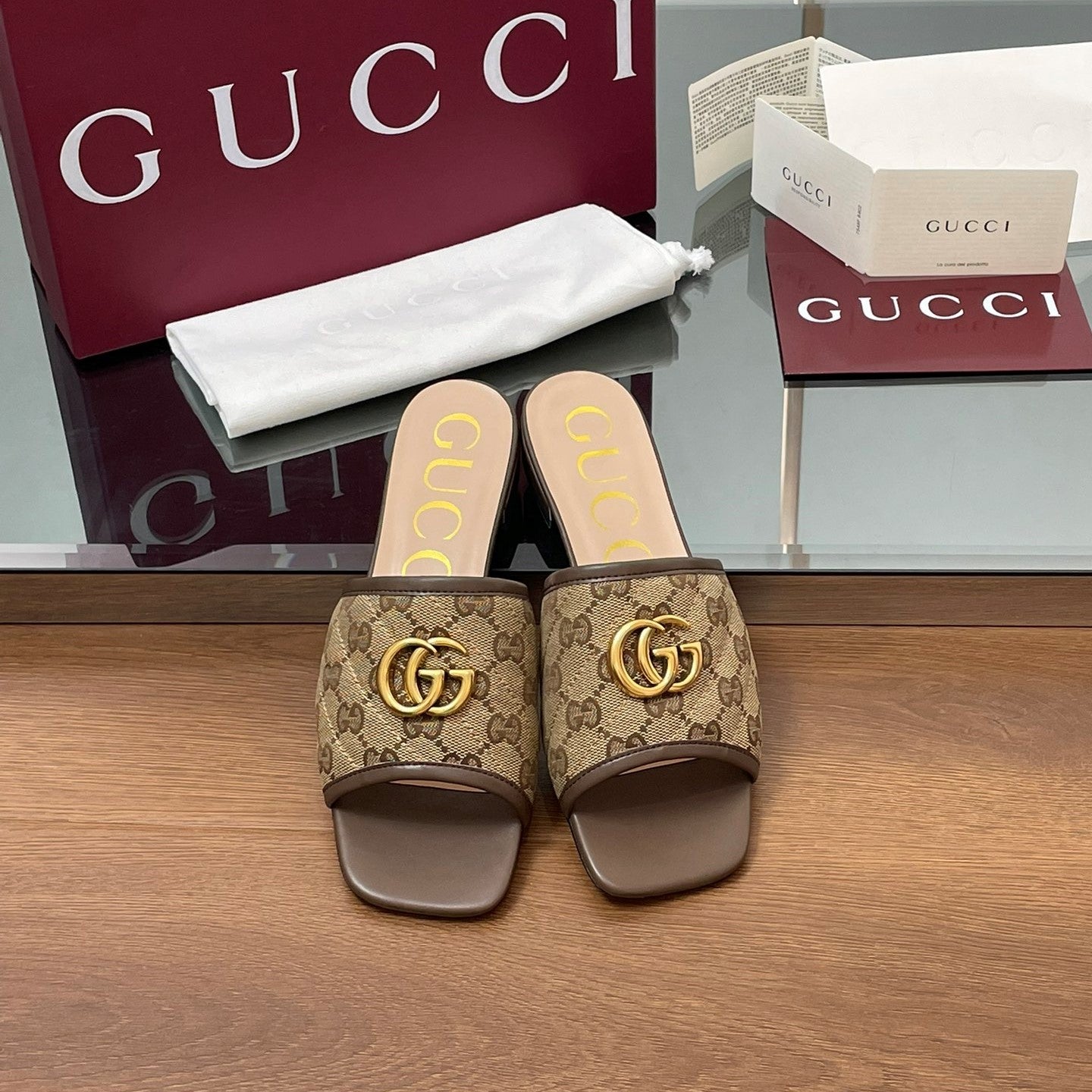 GG Matelasse Slide Sandals Dark Brown Canvas Sheepskin 646488
