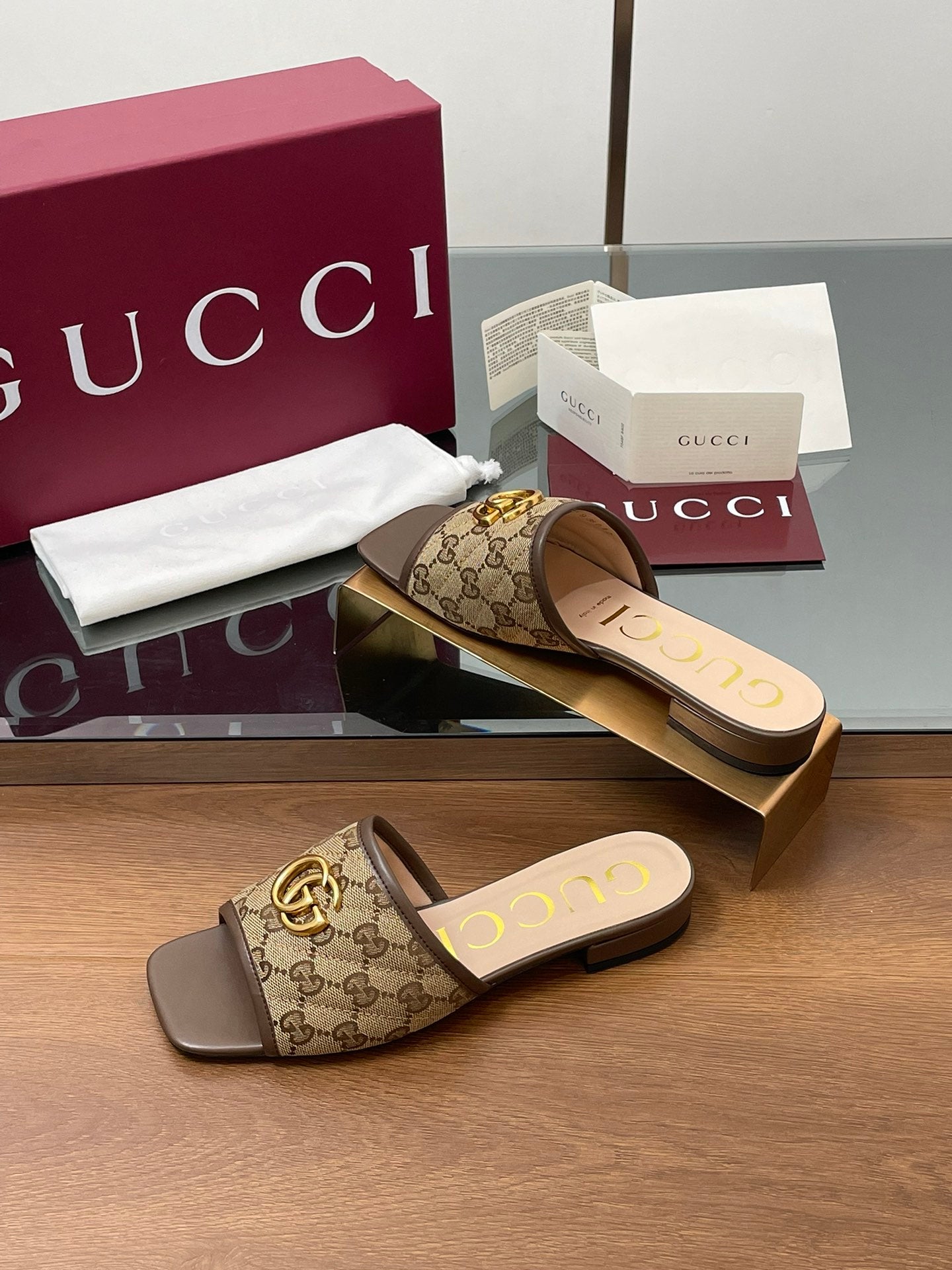 GG Matelasse Slide Sandals Dark Brown Canvas Sheepskin 646488