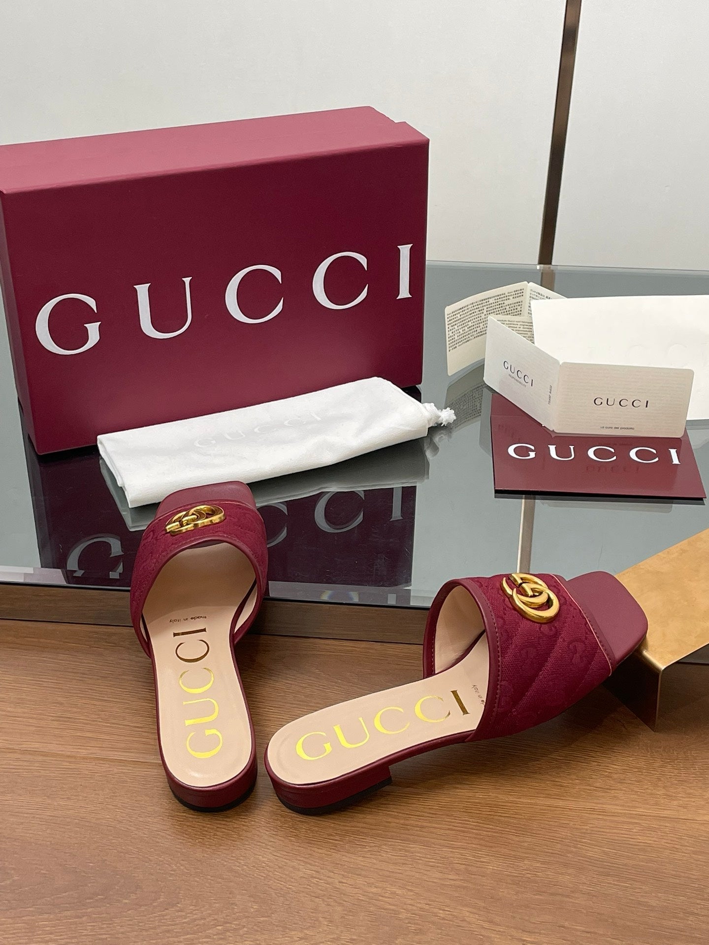 GG Matelasse Slide Sandals Burgundy Canvas Sheepskin 646489