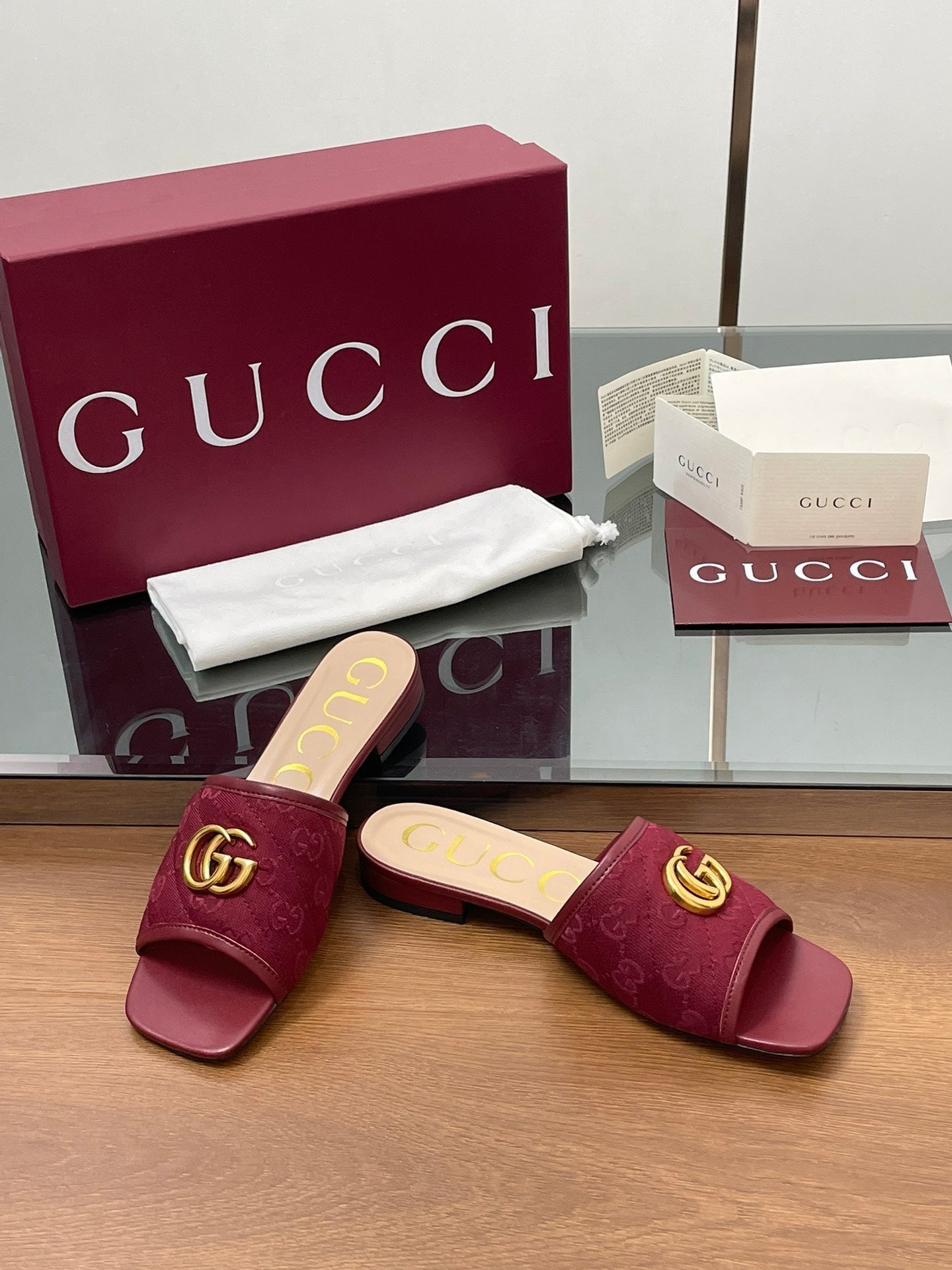 GG Matelasse Slide Sandals Burgundy Canvas Sheepskin 646489