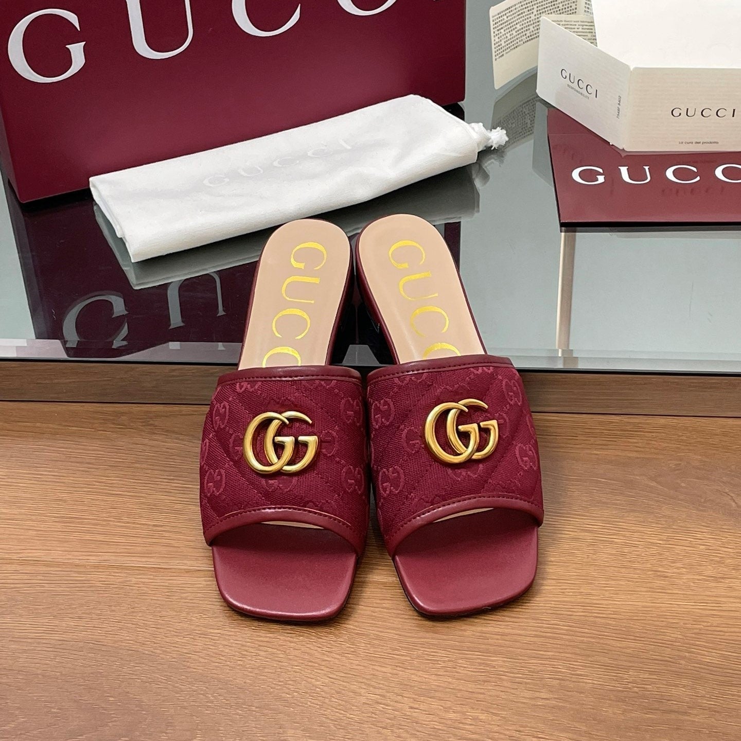 GG Matelasse Slide Sandals Burgundy Canvas Sheepskin 646489