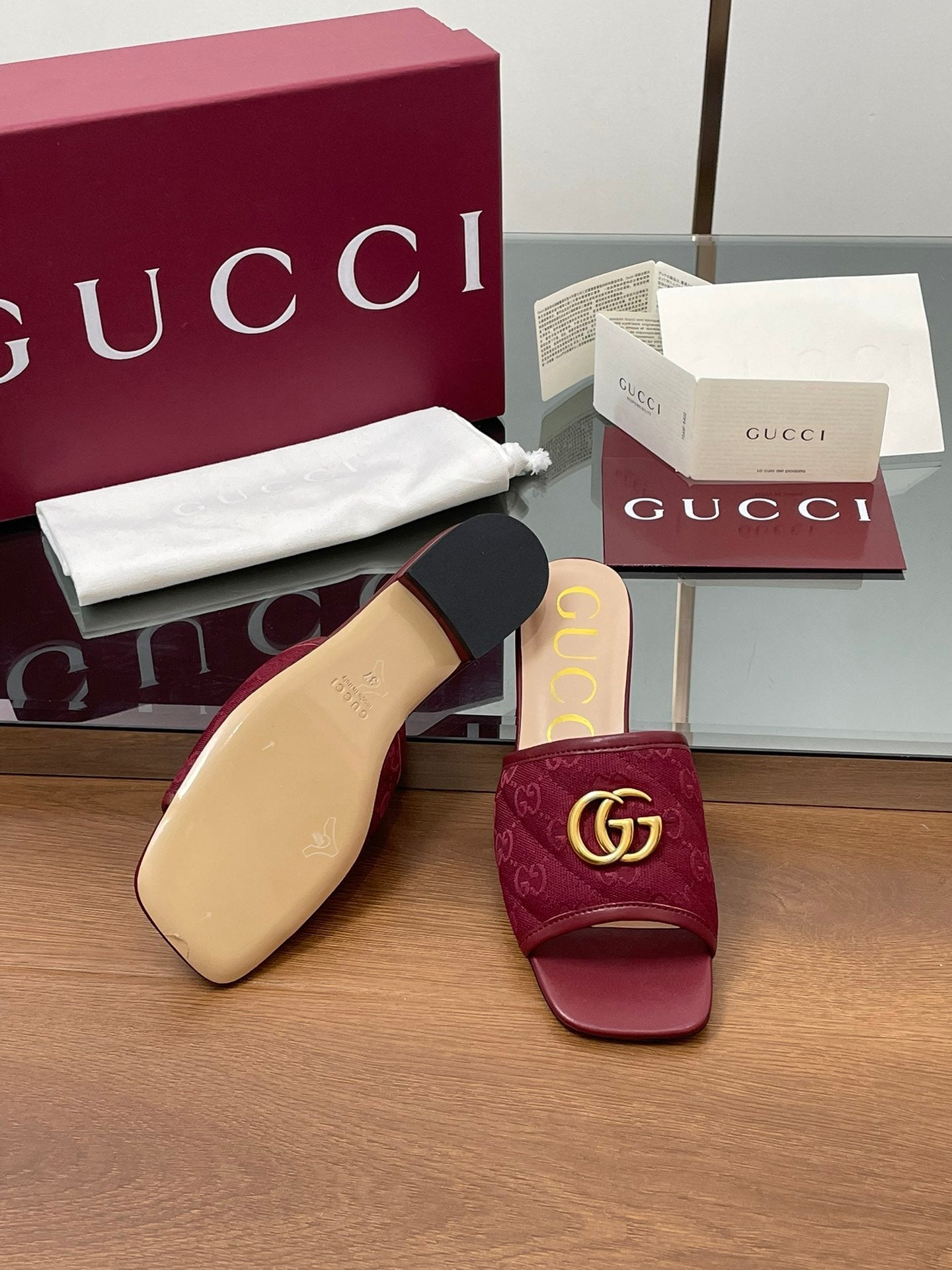 GG Matelasse Slide Sandals Burgundy Canvas Sheepskin 646489