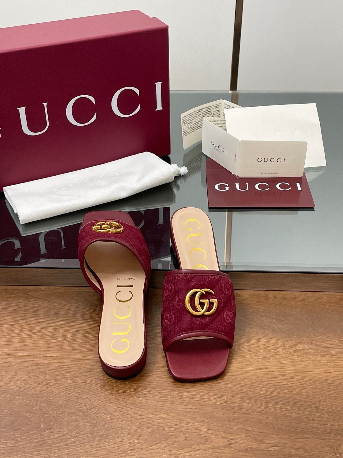GG Matelasse Slide Sandals Burgundy Canvas Sheepskin 646489