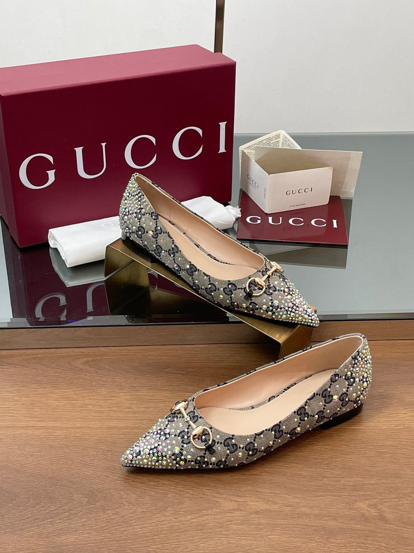 GG Horsebit Ballet Flat Beige Black Monogram Canvas Crystal-Embellished