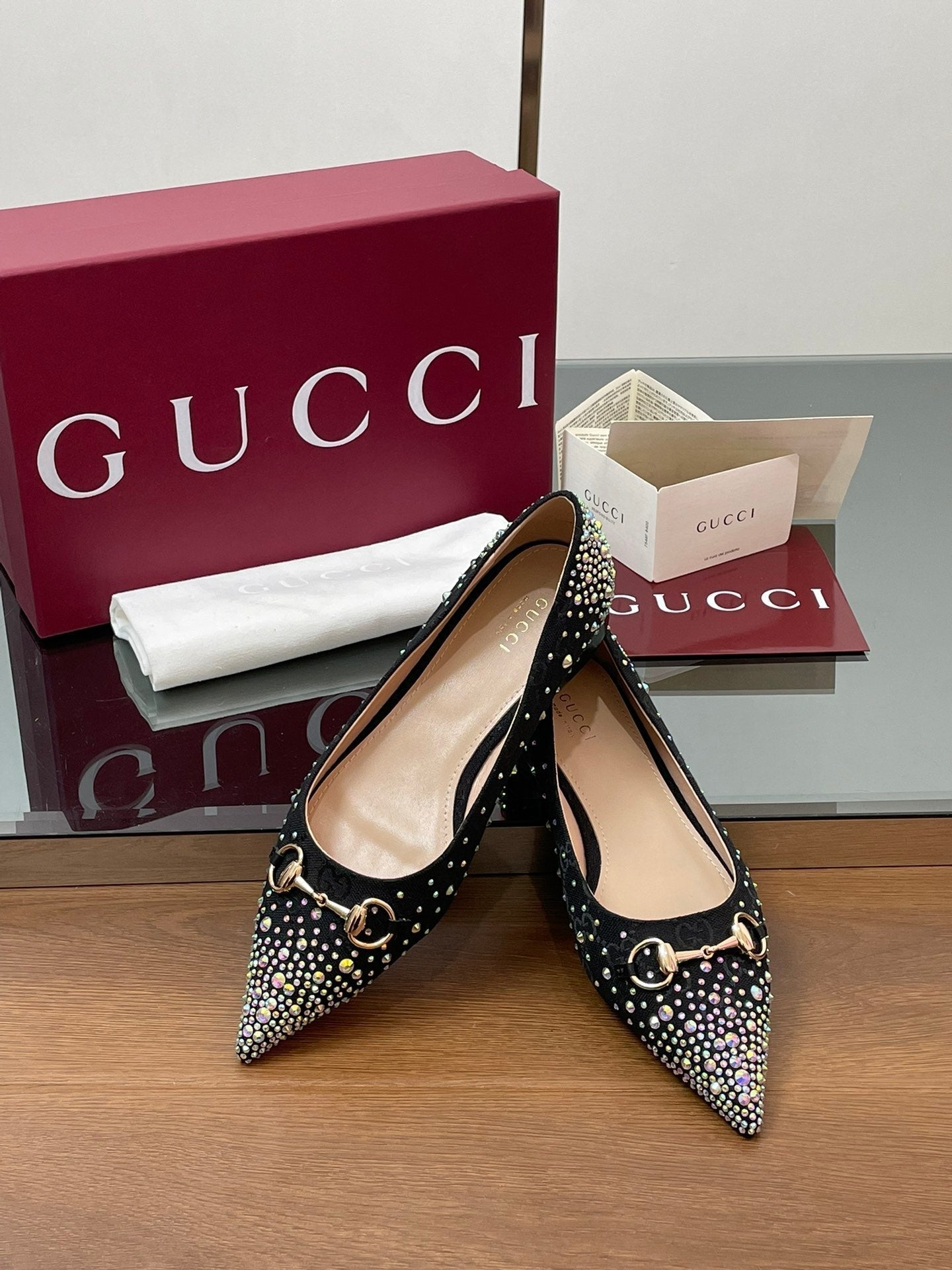 GG Horsebit Ballet Flat Black Ebony Monogram Canvas Crystal-Embellished