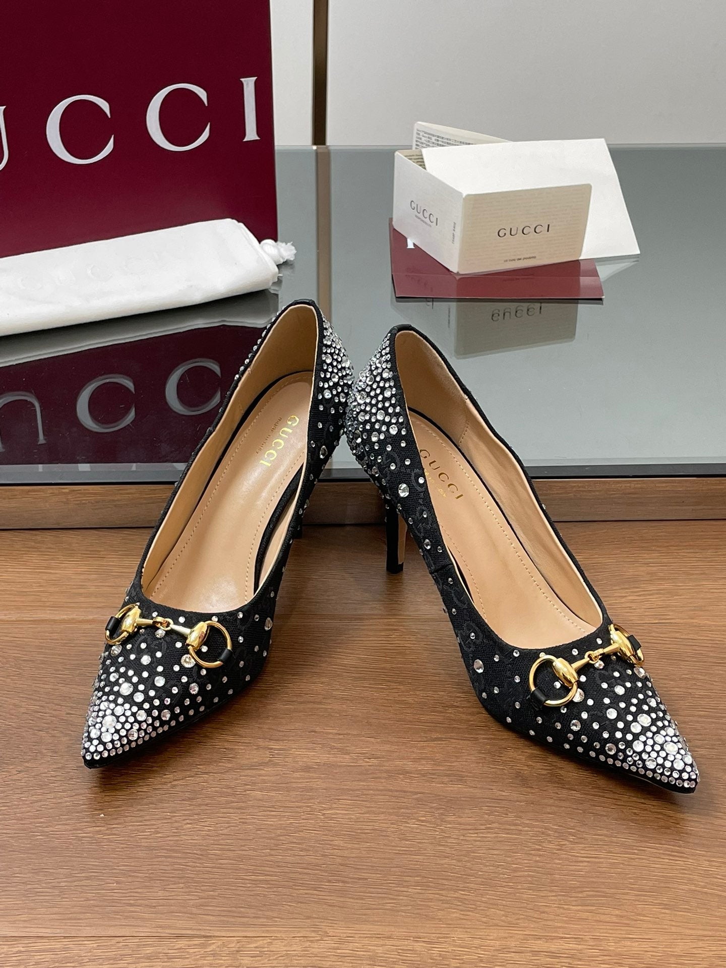 GG Horsebit Pump 85 Black Ebony Monogram Canvas Crystal-Embellished