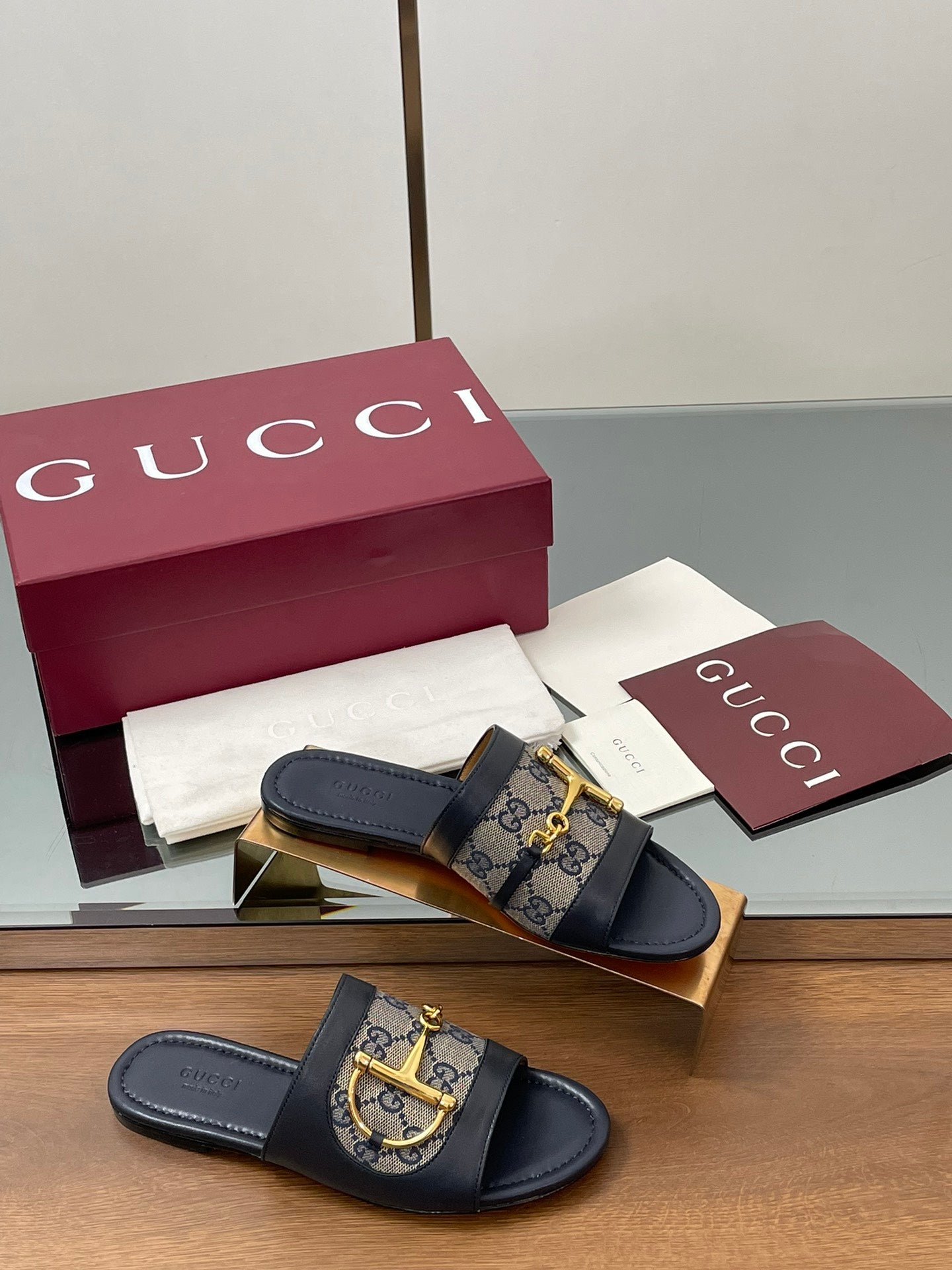 GG D-Shaped Sandals Navy Blue Sheepskin Canvas 646459