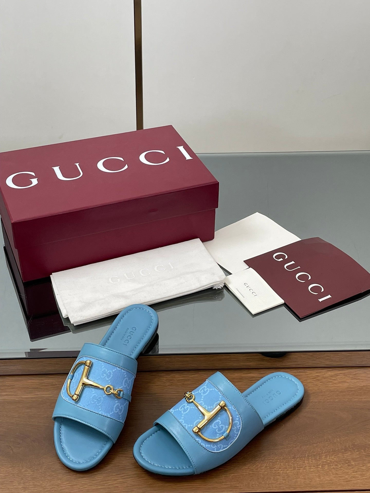 GG D-Shaped Sandals Blue Sheepskin Canvas 646460