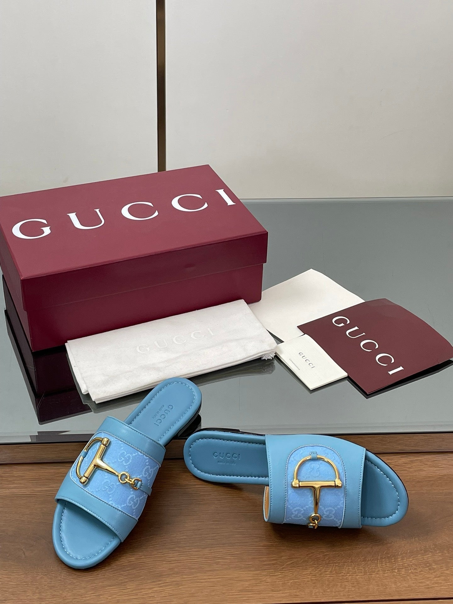 GG D-Shaped Sandals Blue Sheepskin Canvas 646460