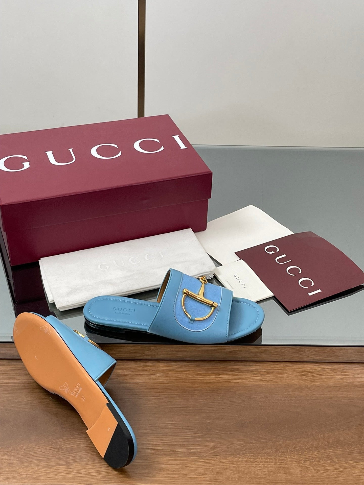 GG D-Shaped Sandals Blue Sheepskin Canvas 646460