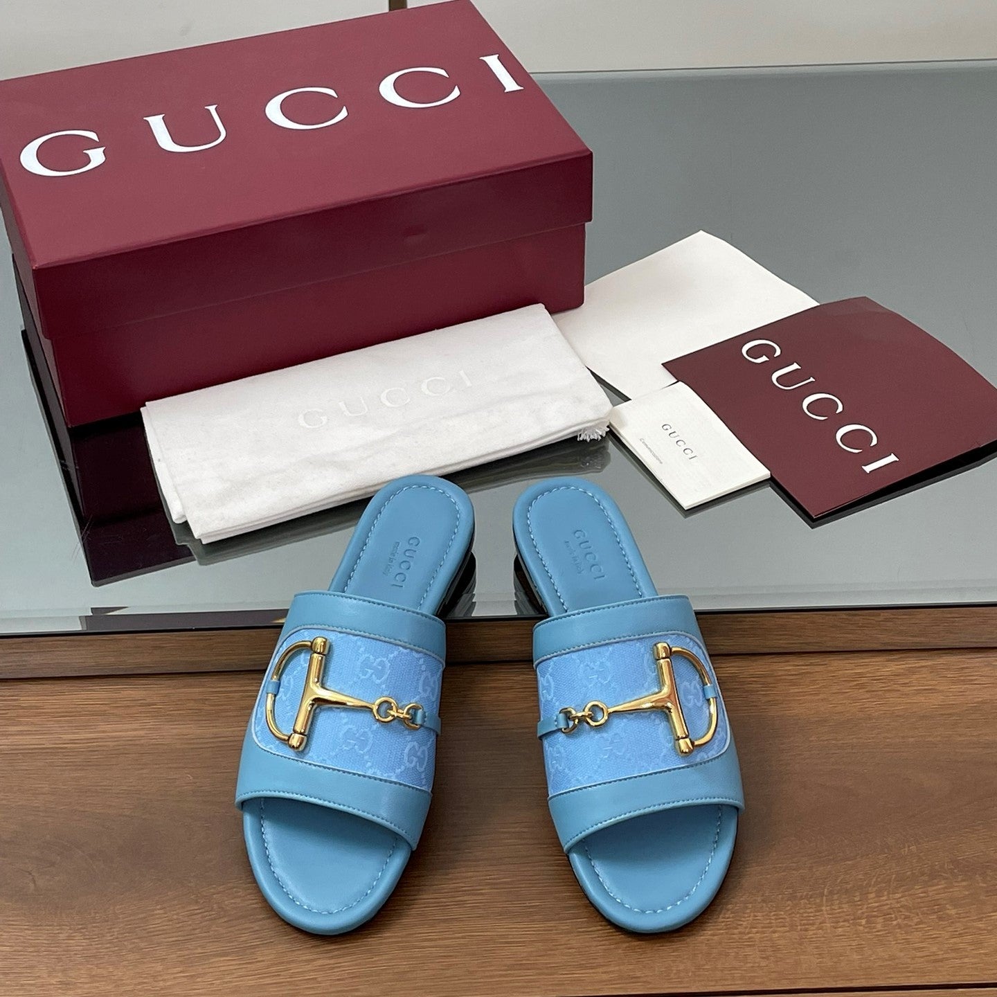 GG D-Shaped Sandals Blue Sheepskin Canvas 646460