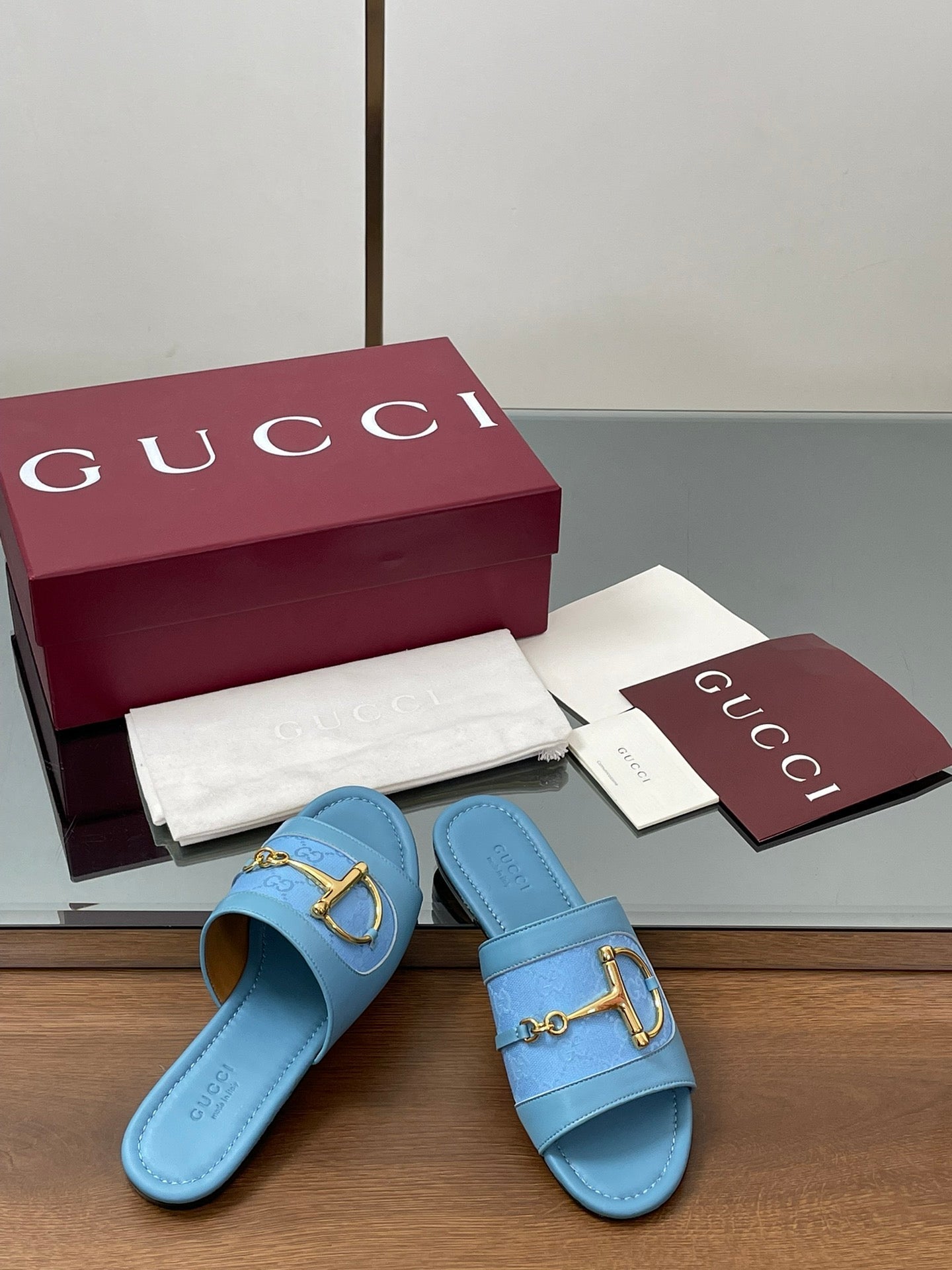 GG D-Shaped Sandals Blue Sheepskin Canvas 646460