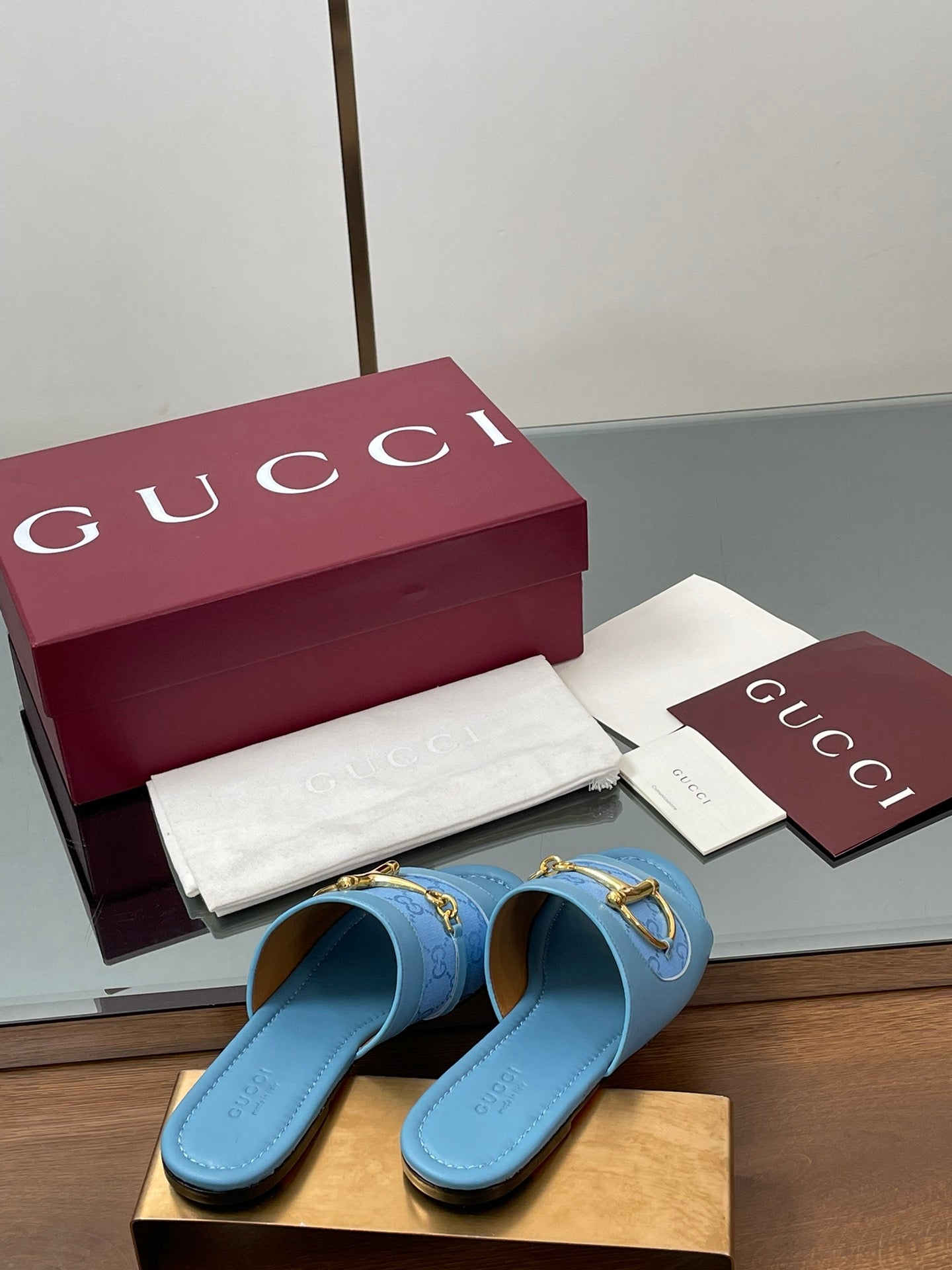 GG D-Shaped Sandals Blue Sheepskin Canvas 646460