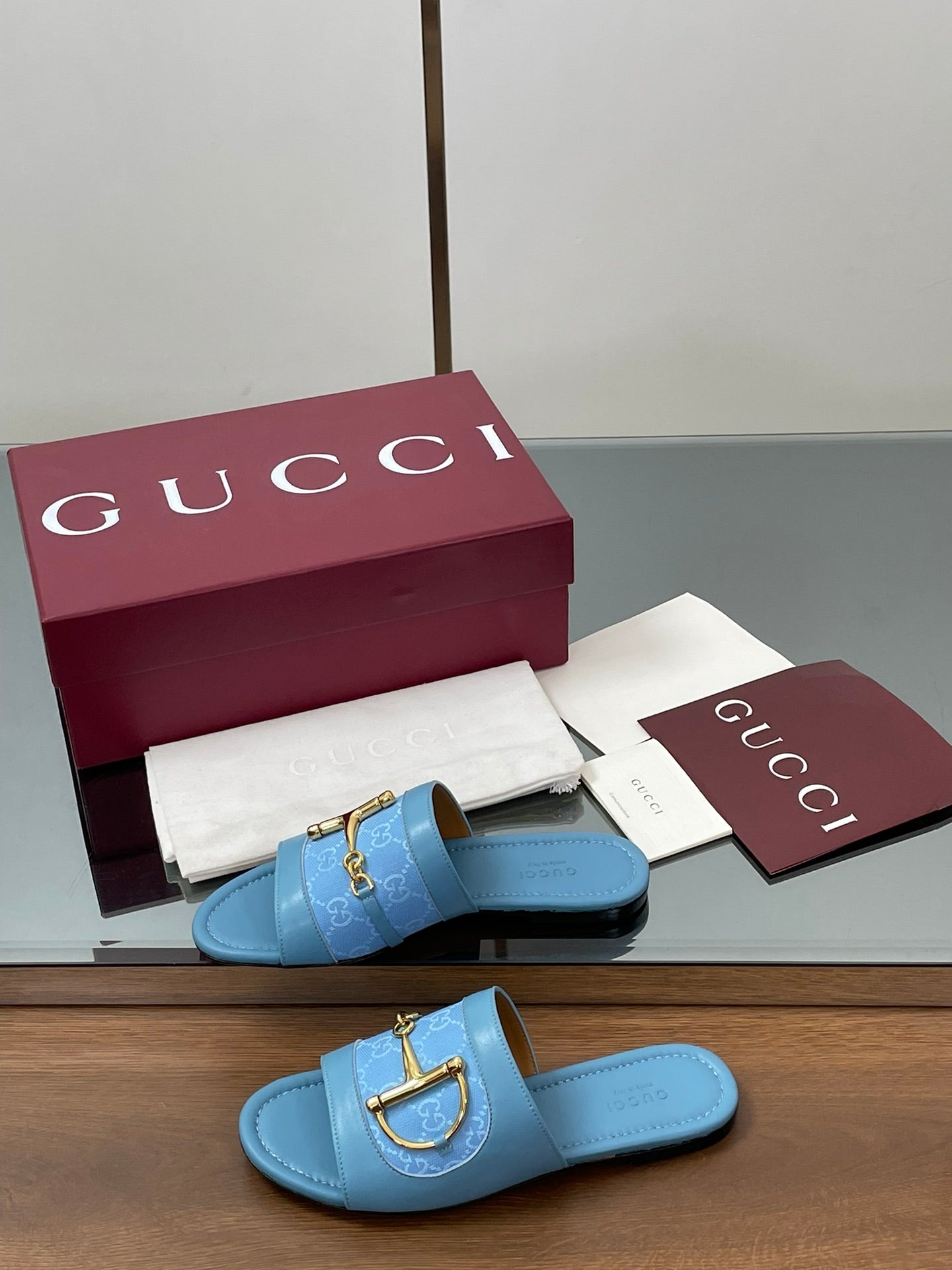 GG D-Shaped Sandals Blue Sheepskin Canvas 646460