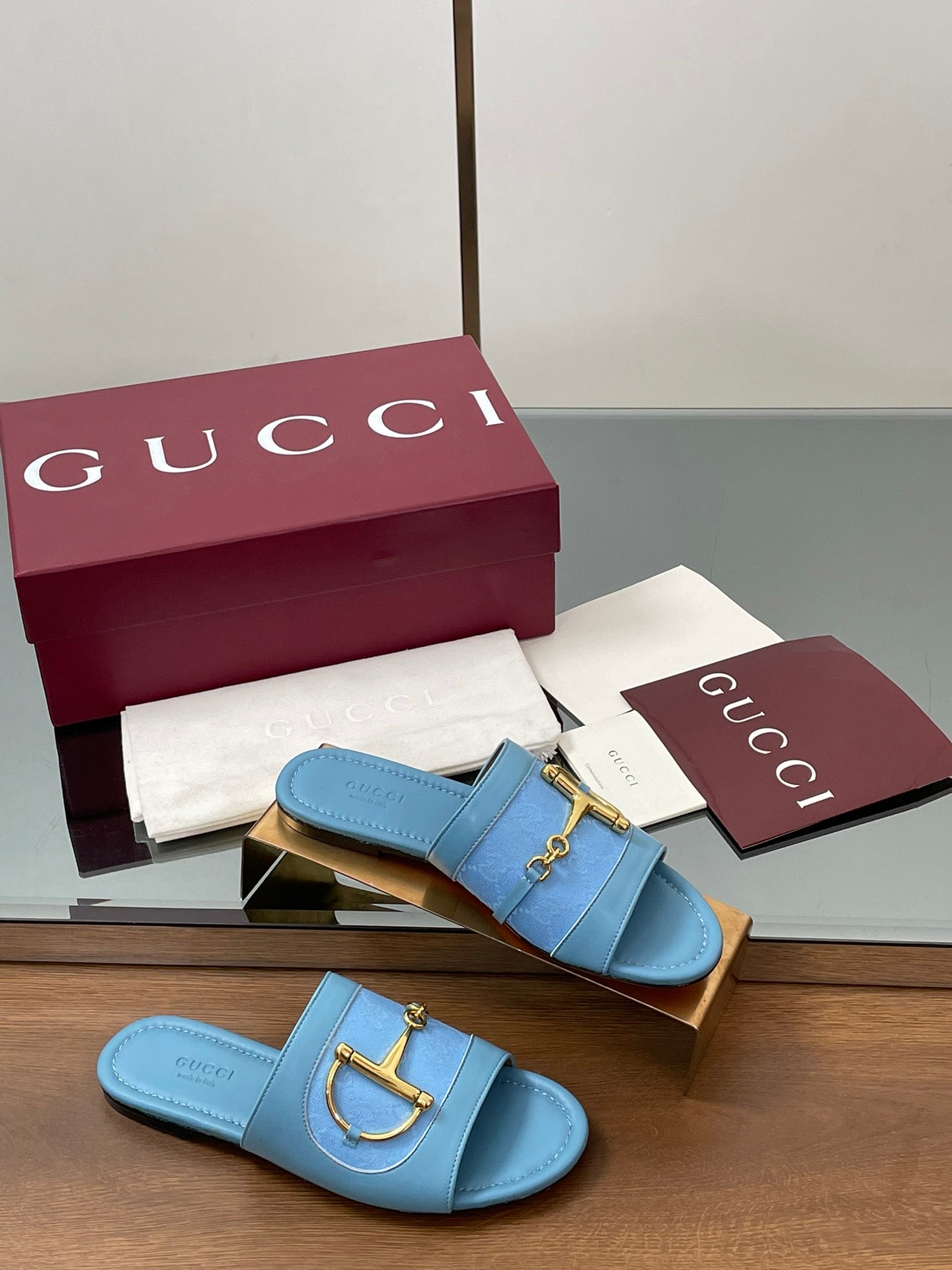 GG D-Shaped Sandals Blue Sheepskin Canvas 646460